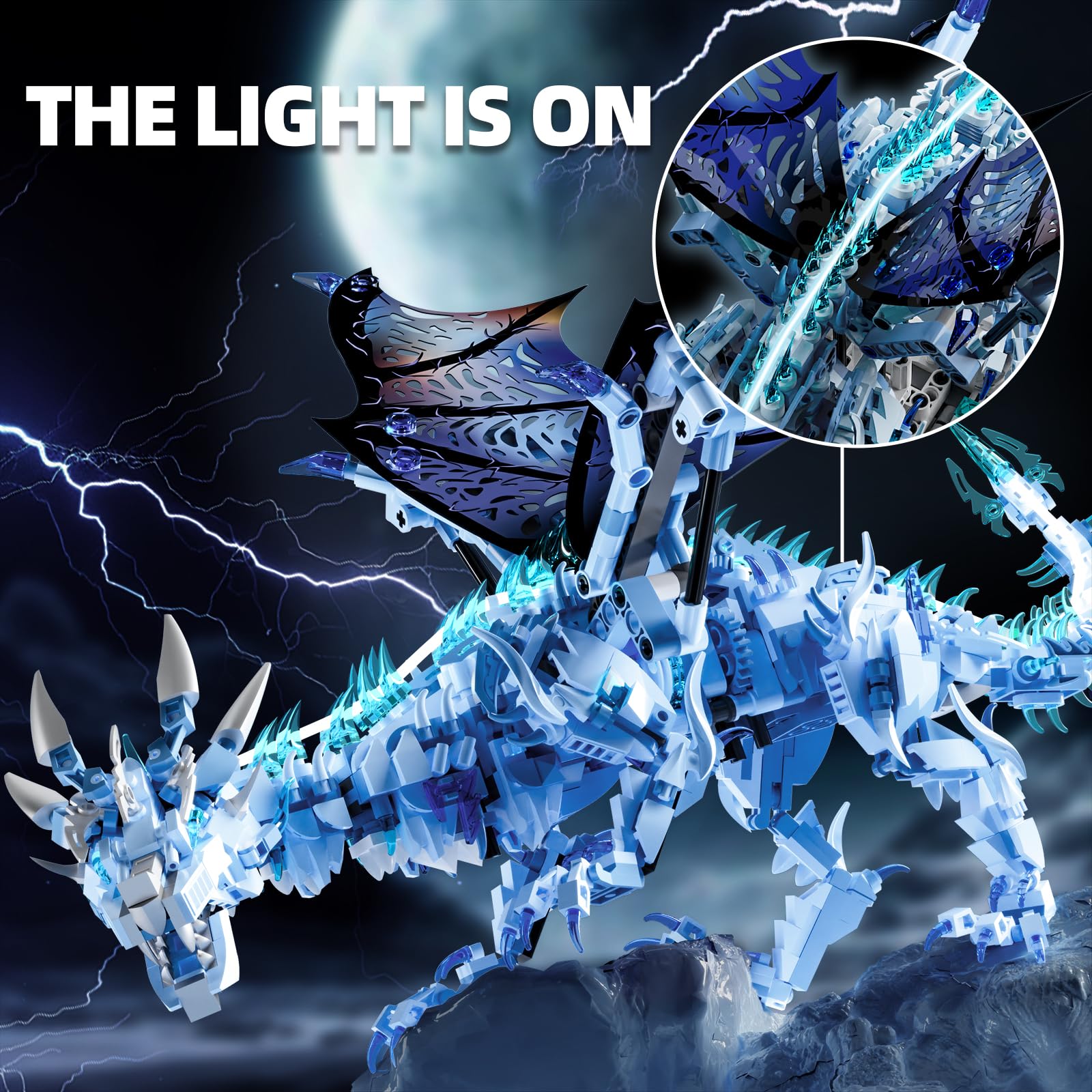 Myth Qholve Mechanical Dark Ice Dragon Building Block Set with Hand Crank Motion Movable Head, Wings & Limbs Fantasy Dragon Model Kit for Teens