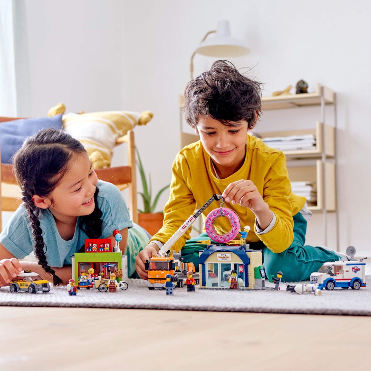 LEGO City Donut Shop Opening 60233 Store Opening Build and Play with Toy Taxi, Van and Truck with Crane, Easy Build with Minifigures for Boys and