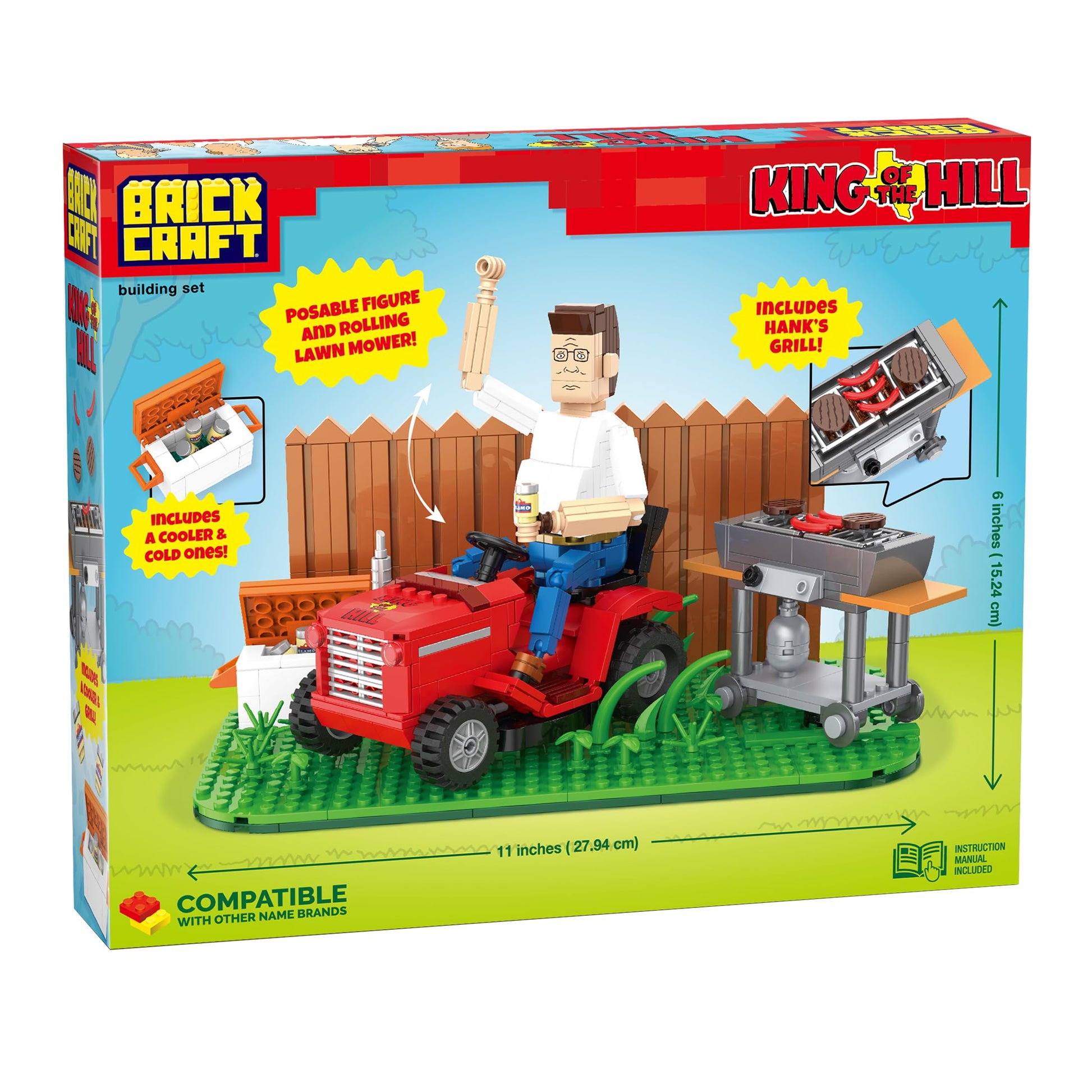 Brickcraft King of the Hill Hank Hill’s Backyard Building Kit (586-Piece Set), Hank Hill Figure, Lawn Mower, Grill & Cooler, Animated TV Show