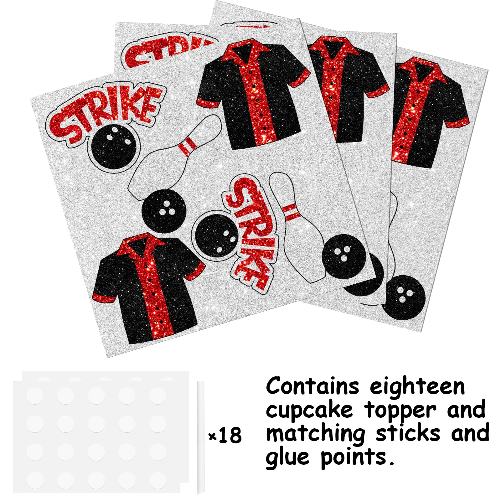 18pcs Black Glitter Bowling Dessert Cupcake Topper Bowling Strike Entertainment Theme Decor Supplies Baby Shower Boys Girls Happy Birthday Party