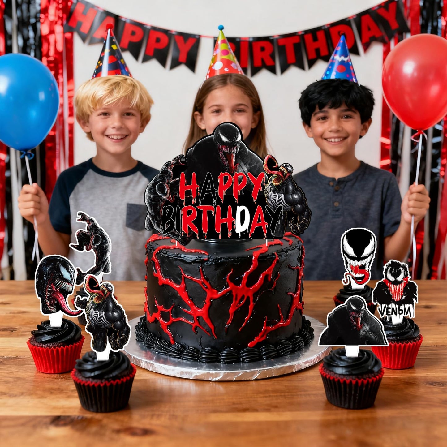 Spider Birthday Party Cake Toppers Decorations, 25 Pcs Black Spider Cake Topper and Cupcake Toppers Set, Perfect for Kids' Birthday Cakes - Superhero