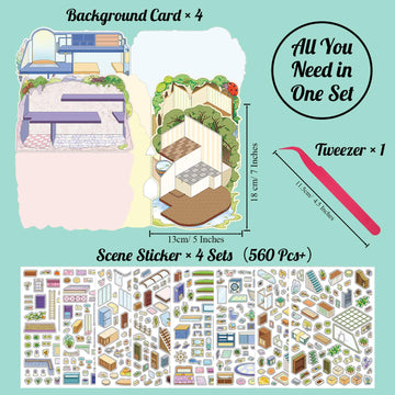 Flip-Type Design Scene Sticker, Secret Base Theme Double-Layer House & Room Isometric Miniature Creative Play Kits with Background Card & Tweezer