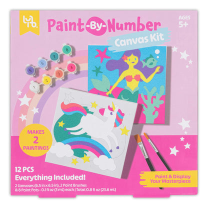 Little Yellow Bicycle: Unicorn & Mermaid Paint-By-Number Canvas Kit - All-in-1 Art Set, Magical Paintings, 8 Non-Toxic Paint Pots, 2 Brushes, Kids 5+