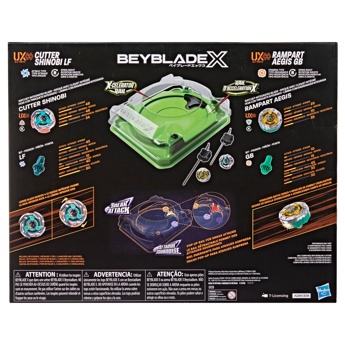 Beyblade X Sneak Attack Battle Set with Beystadium Arena, Rampart Aegis GB & Cutter Shinobi LF, 2 Right-Spinning Takara Tomy Battling Tops Game Toys