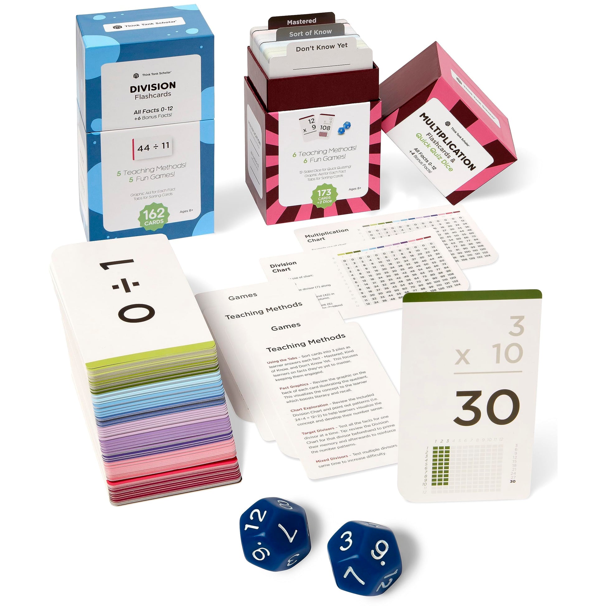 Think Tank Scholar 335 Multiplication & Division Flash Cards (Award Winning) 1 Fact Per Card with Visual Aids - All Facts 0-12 + Dice, Games & Charts