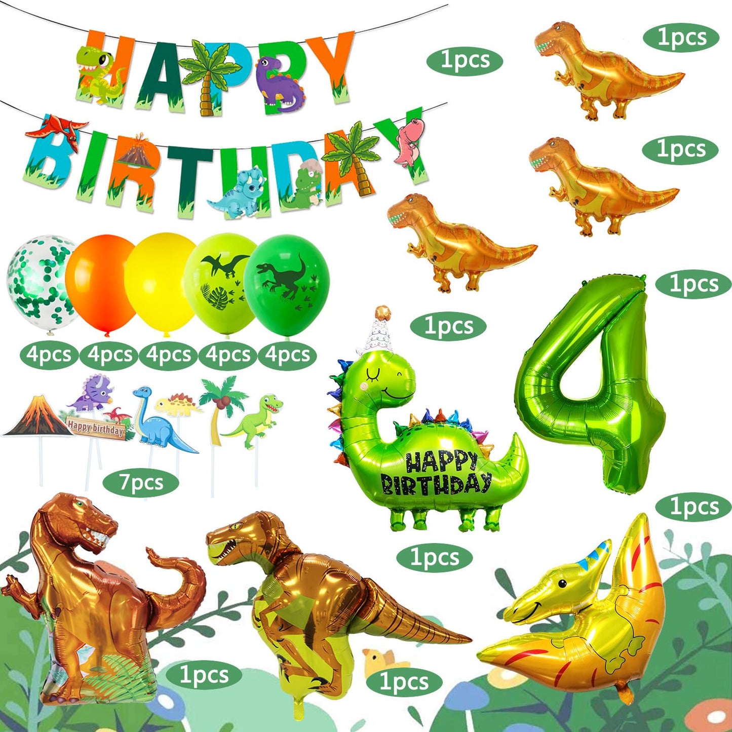 Dinosaur Birthday Party Supplies, Dinosaurs Party Decorations 4 Year Old Foil Balloons for Boys and Girls,Include Balloons, Foil Balloons,Banner,Cake