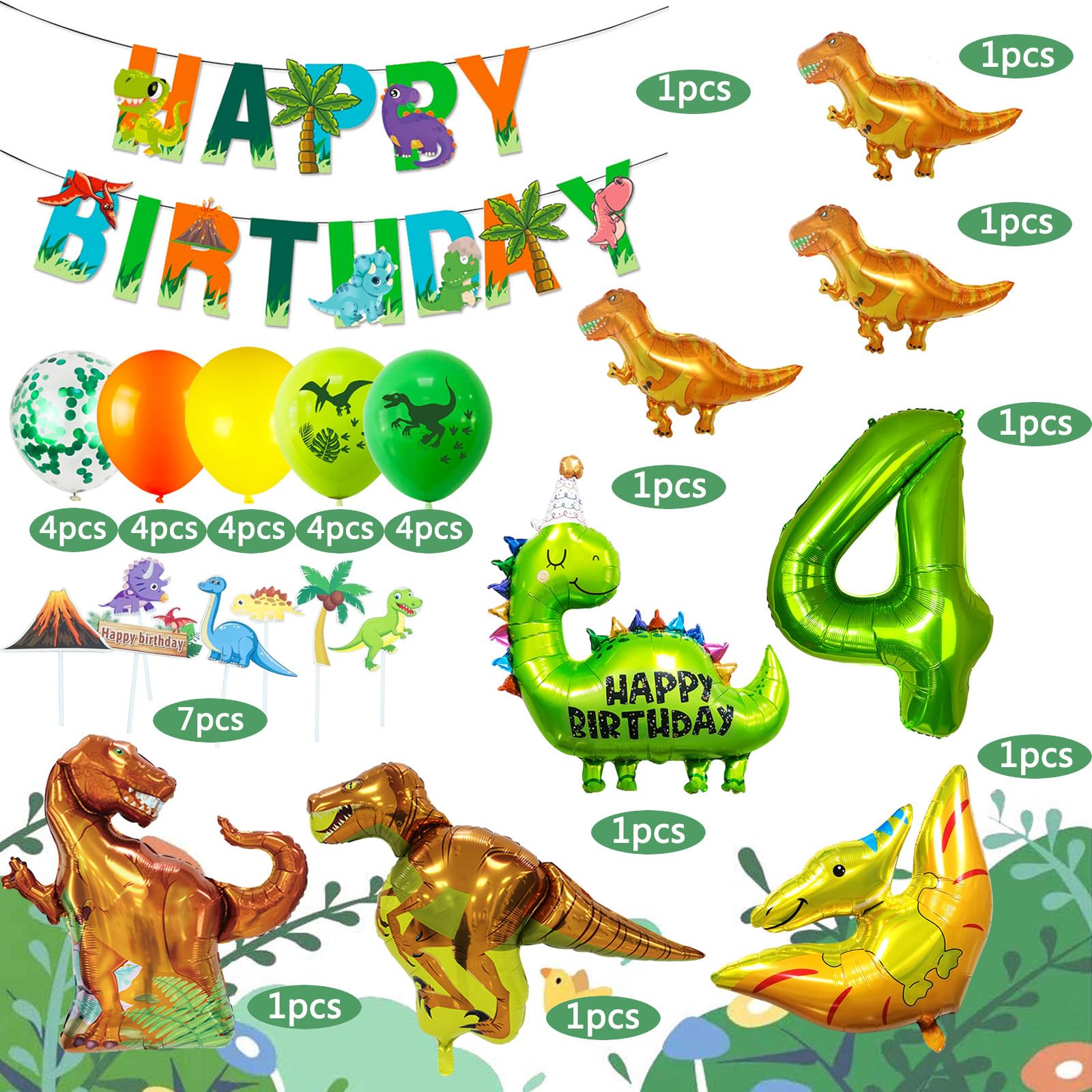 Dinosaur Birthday Party Supplies, Dinosaurs Party Decorations 4 Year Old Foil Balloons for Boys and Girls,Include Balloons, Foil Balloons,Banner,Cake