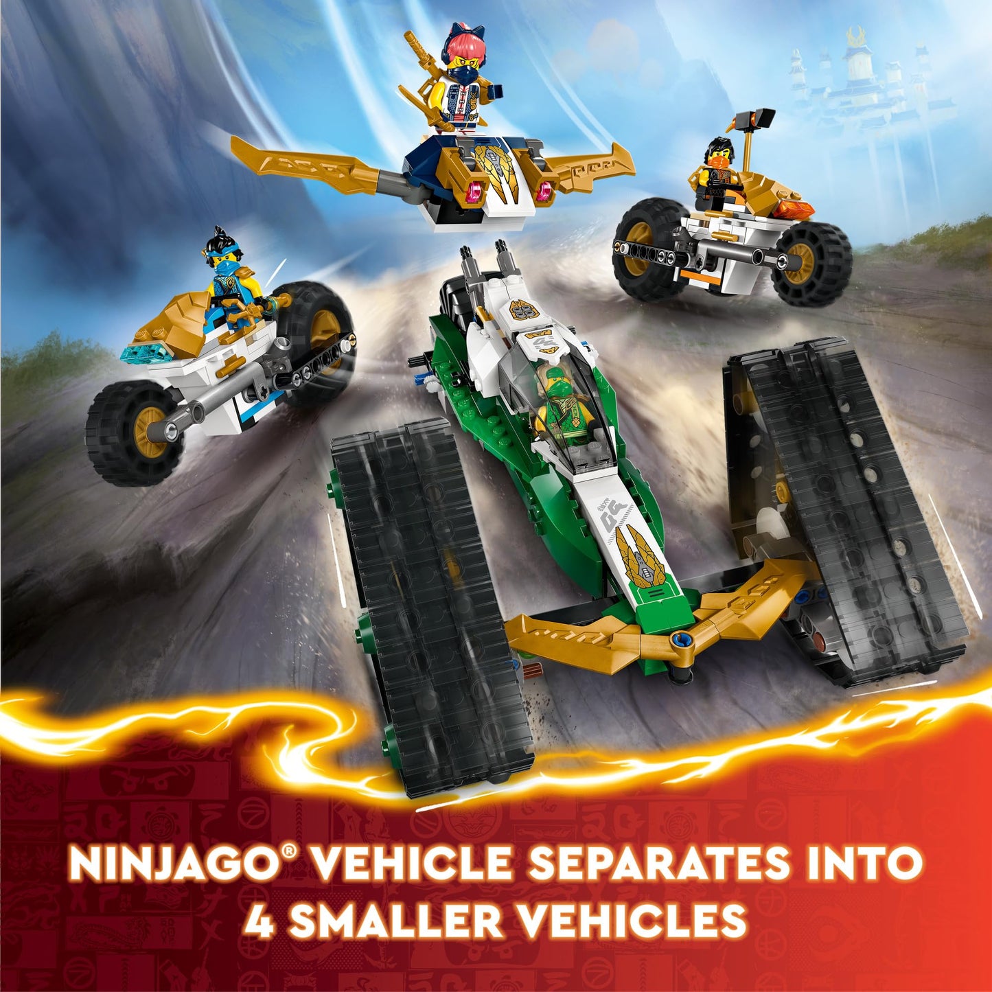 LEGO NINJAGO Ninja Team Combo Vehicle, 4 in 1 Ninja Playset for Kids with Glider, Off-Road Racer and 2 Motorcycle Toys, Birthday Gift for Boys