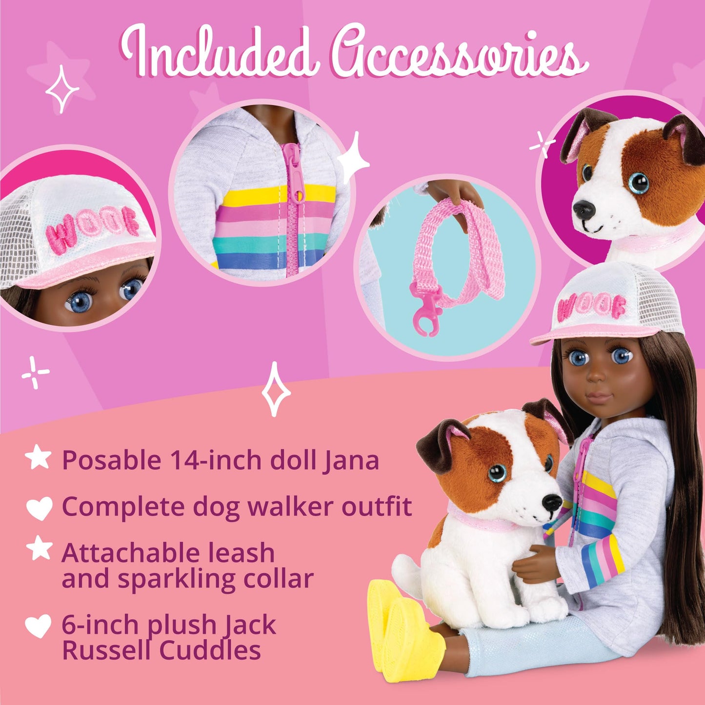 Glitter Girls - 14-Inch Fashion Doll - Brown Hair & Blue Eyes - Plush Dog Pet - Dolls for Girls 3+ Years - Jana & Cuddles