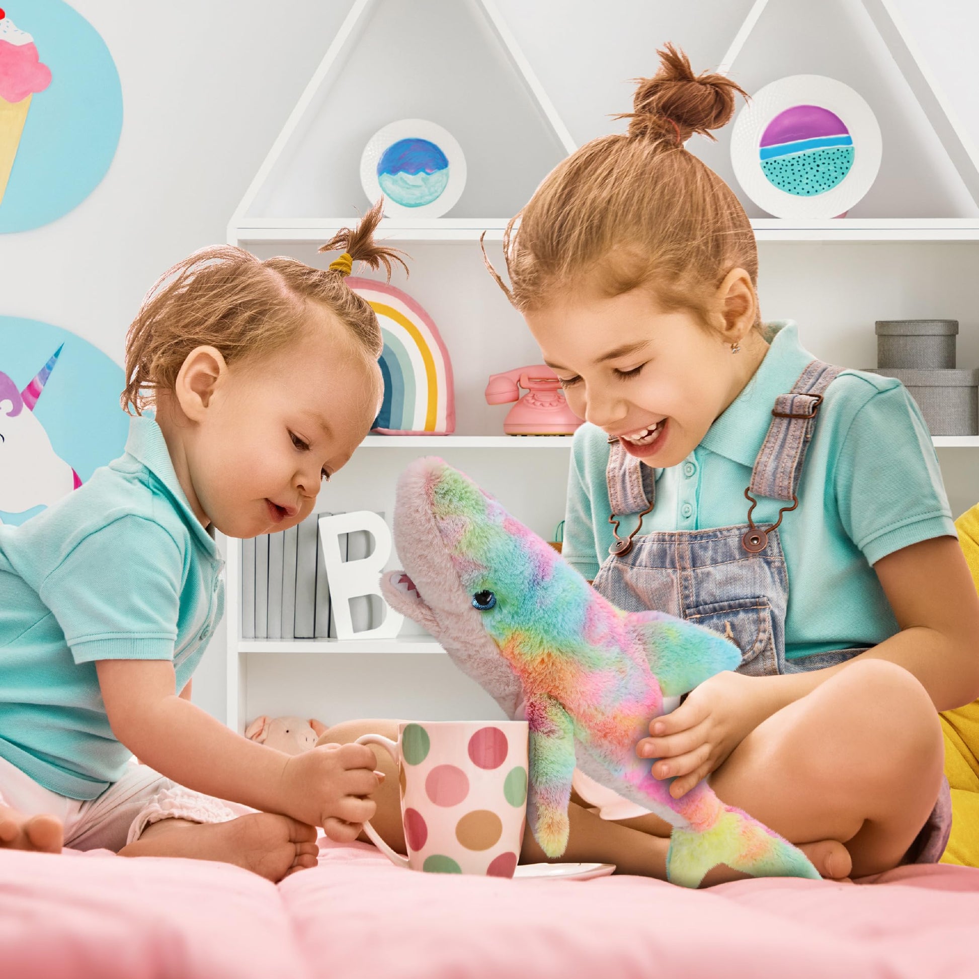 DolliBu Large Rainbow Shark Stuffed Animal - Soft Huggable Shark Stuffed Toy, Adorable Playtime Ocean Plush Toy, Cute Cuddle Gifts for Kids and Adults