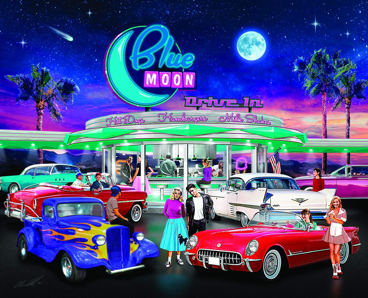 Bits and Pieces - 300 Piece Jigsaw Puzzle for Adults - Blue Moon Drive in - 50's Diner Movie Theater Car Jigsaw Puzzle by Artist Chris Dobrowolski