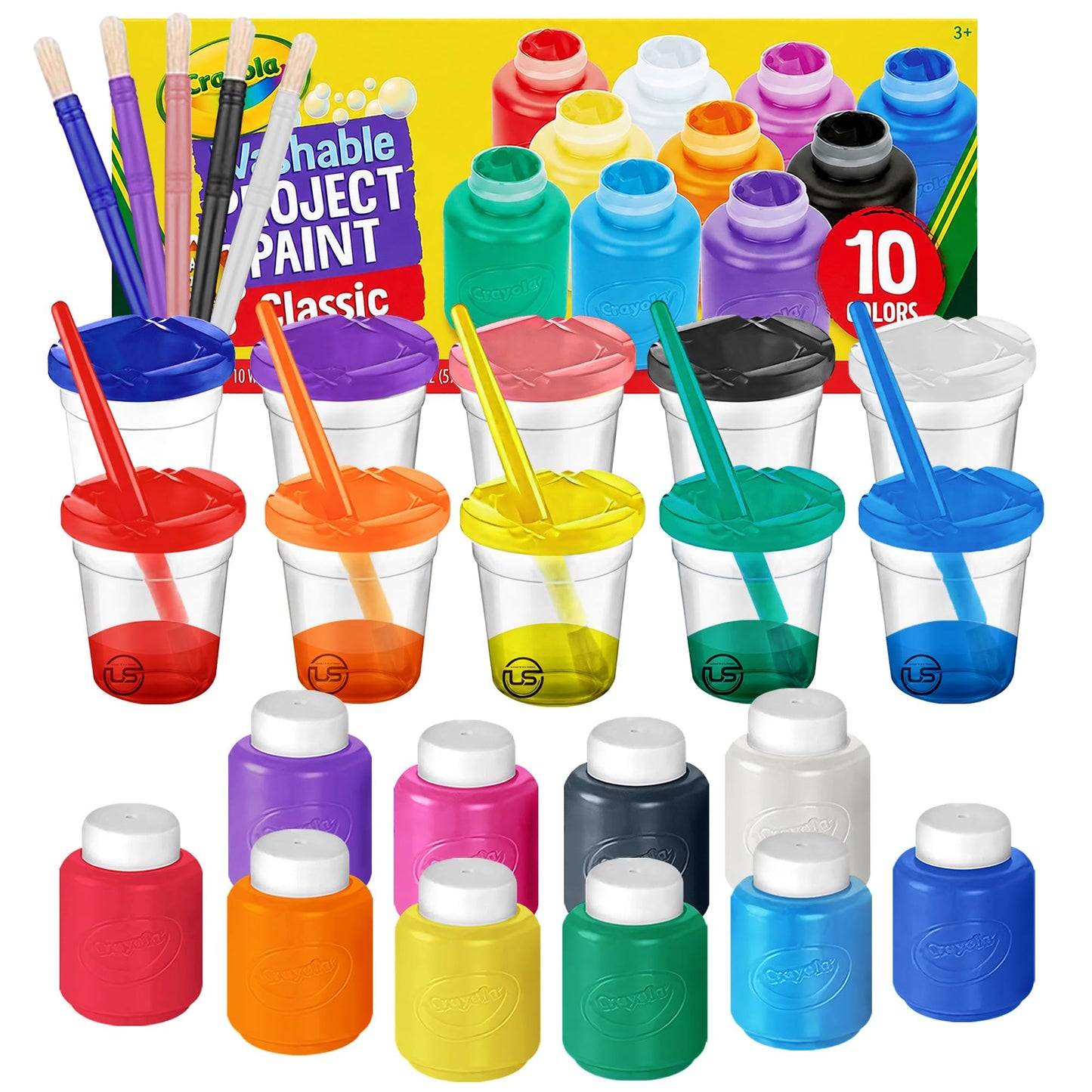 The Mega Deals Kids Painting Set - Washable Non-Toxic Finger Paints (10 Colors of 2 oz) with 10 Paint Cups & 10 Brushes Mess-Free Toddler Art Supplies