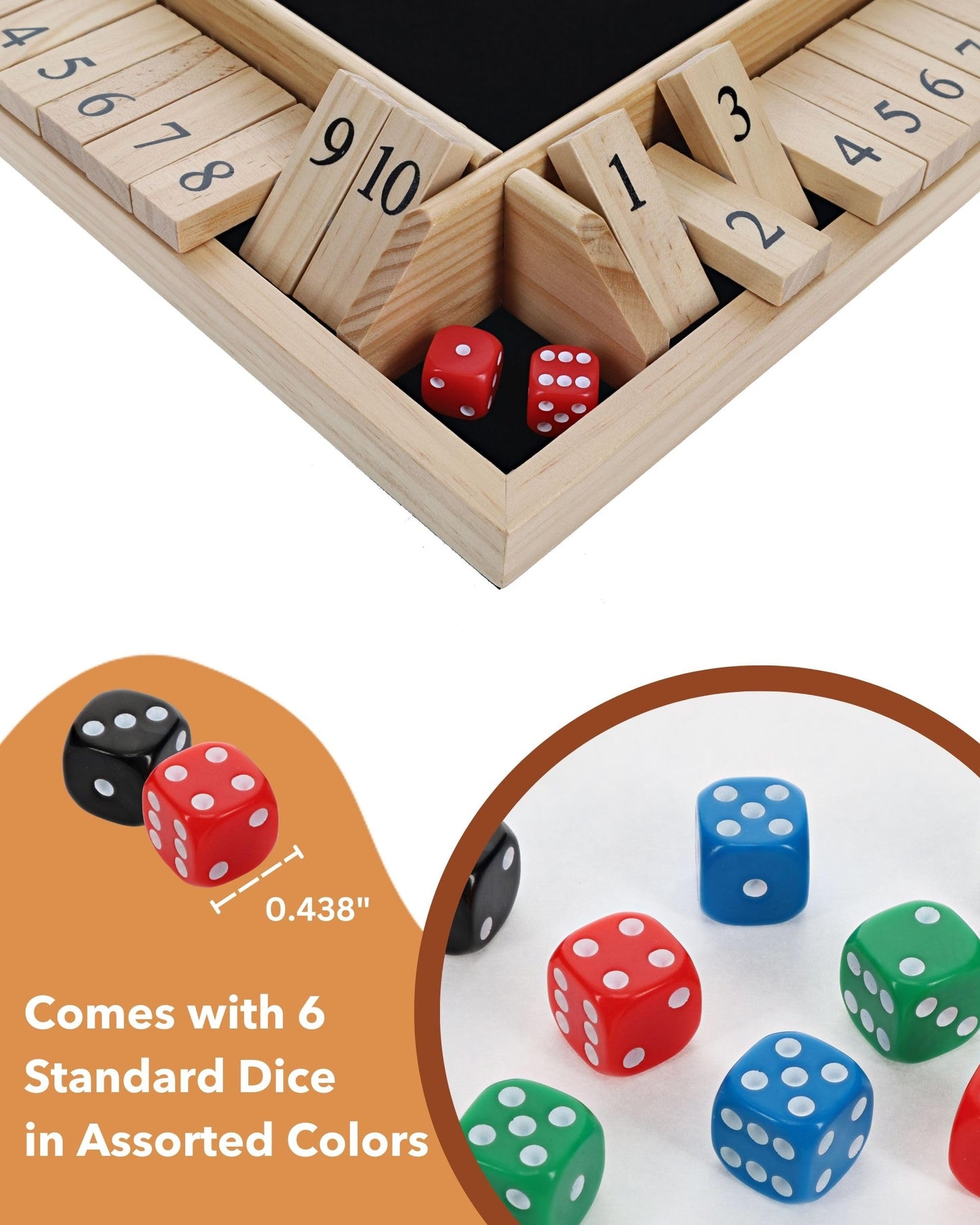 WE Games Shut the Box Wooden Board Game - Classic 4 Player Table Top Math Dice Game, Natural Wood, 8.5 in. Travel Size, 10 Numbers, for Families