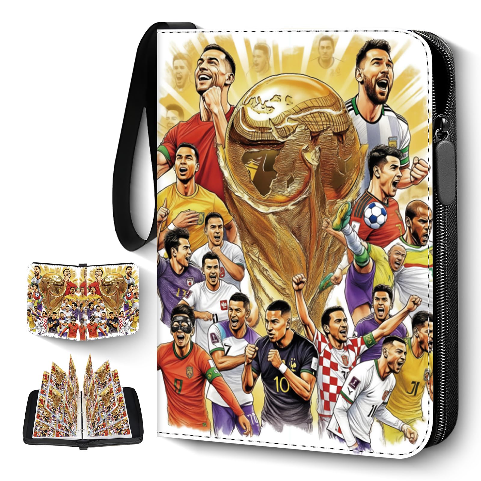 Soccer Card Binder 4 Pocket,Trading Card Binder Fits 440 Cards with 55 Removable Sleeves,Binder Collection Booklet with Zipper, PU Portable Card