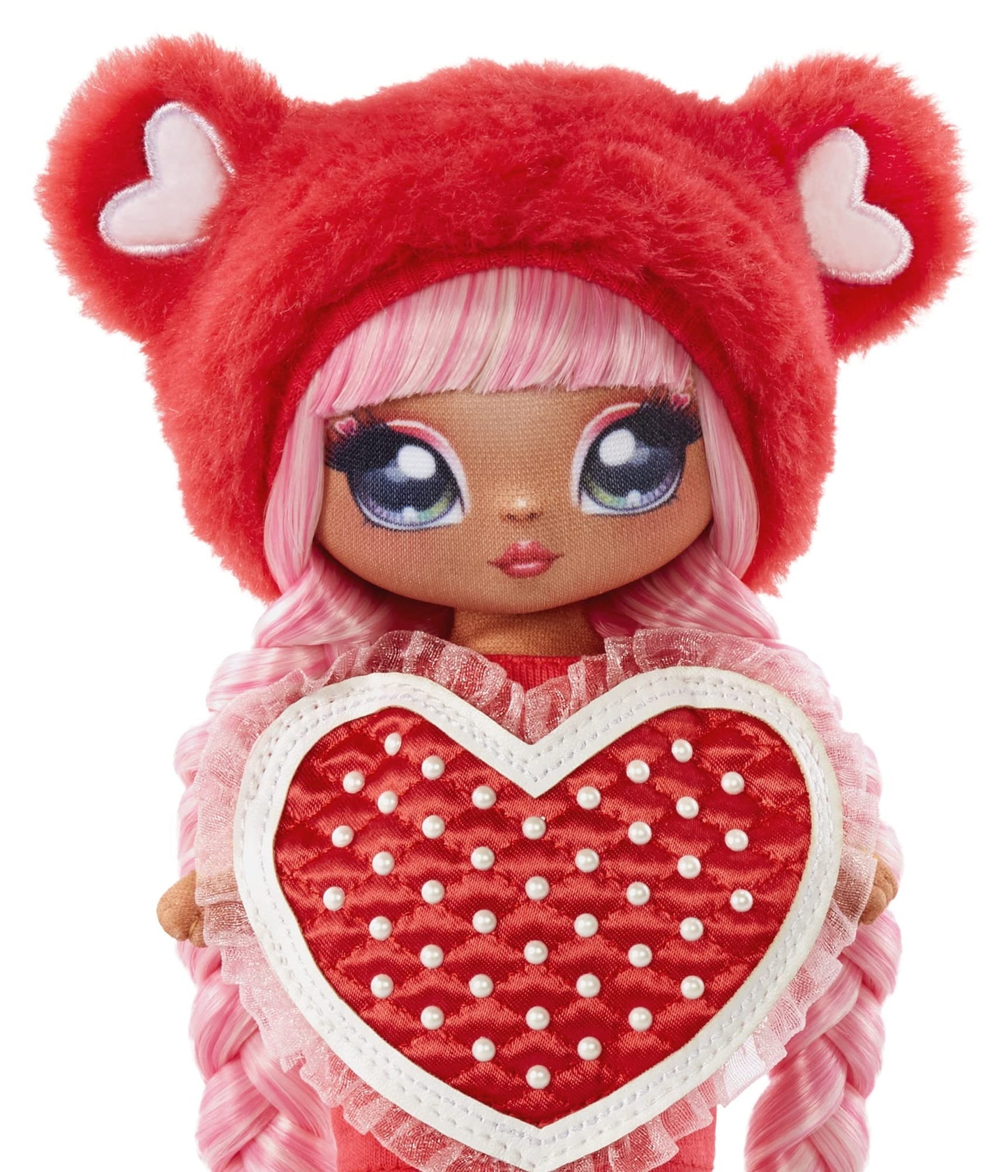 MGA Entertainment Na Na Na Surprise Valentina Moore - Red Teddy Bear-Inspired 7.5" Fashion Doll with Pink Hair, Heart-Shaped Dress and Brush