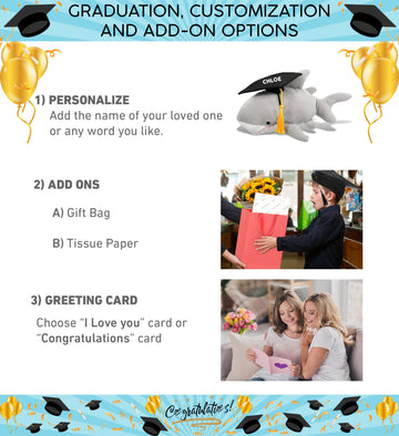 DolliBu Shark Graduation Plush Toy - Soft Huggable Graduation Stuffed Animal Dress Up with Gown and Cap with Tassel Outfit - Gift with Personalization