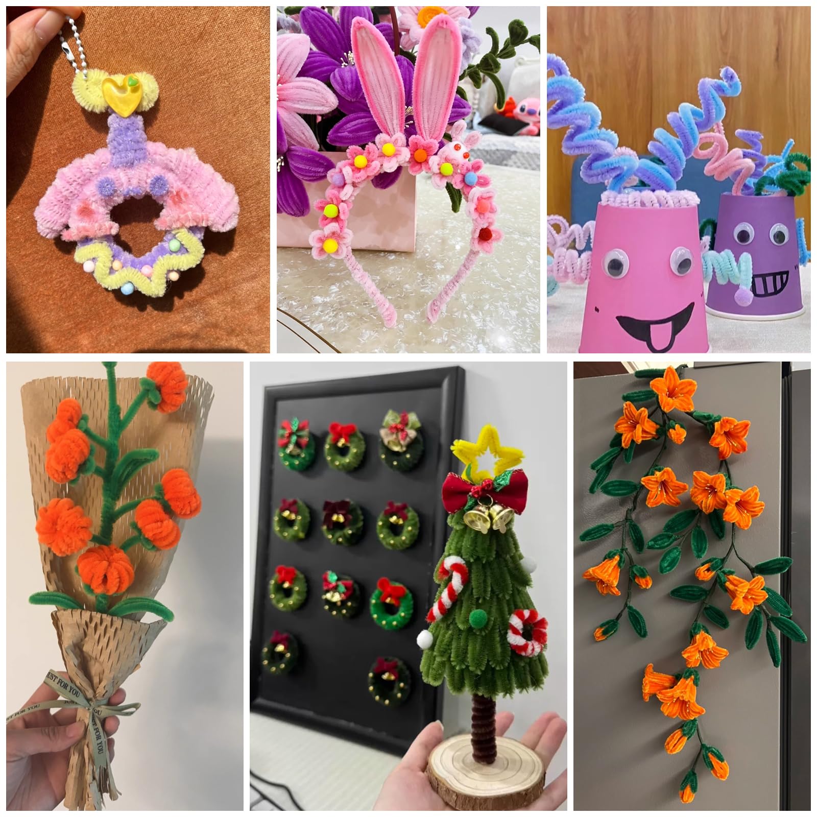 Pipe Cleaner Craft Kit for DIY Flower Animal,200 Pcs Multi-Color Chenille Stems Flower Craft Kits for Creative Arts with 2 Floral Papers,1 Meter