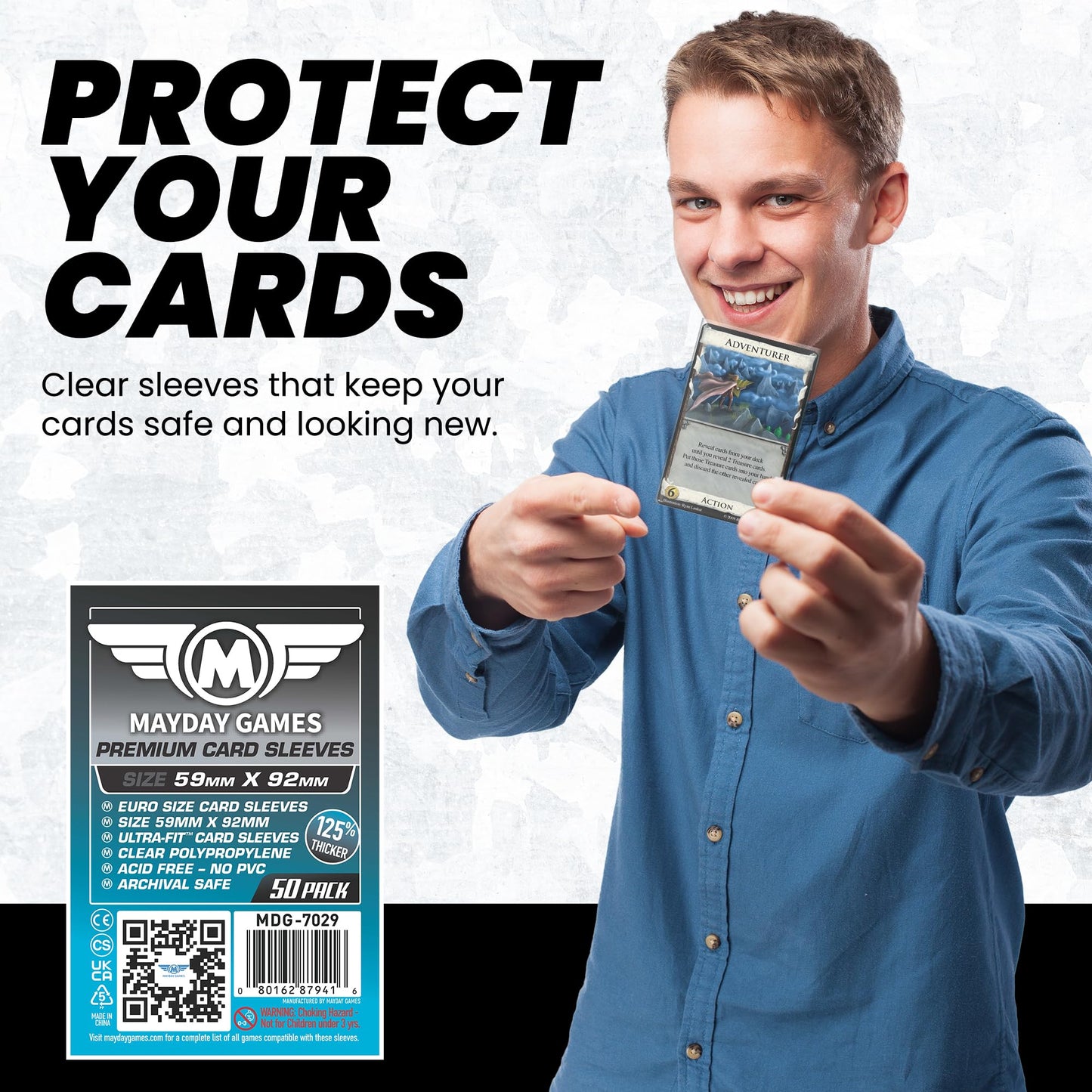 Mayday Games Premium Card Sleeves 59x92mm - 90 Micron Thick Clear Card Sleeves, Perfect Fit Standard European Size, 50 Per Pack - MDG-7029