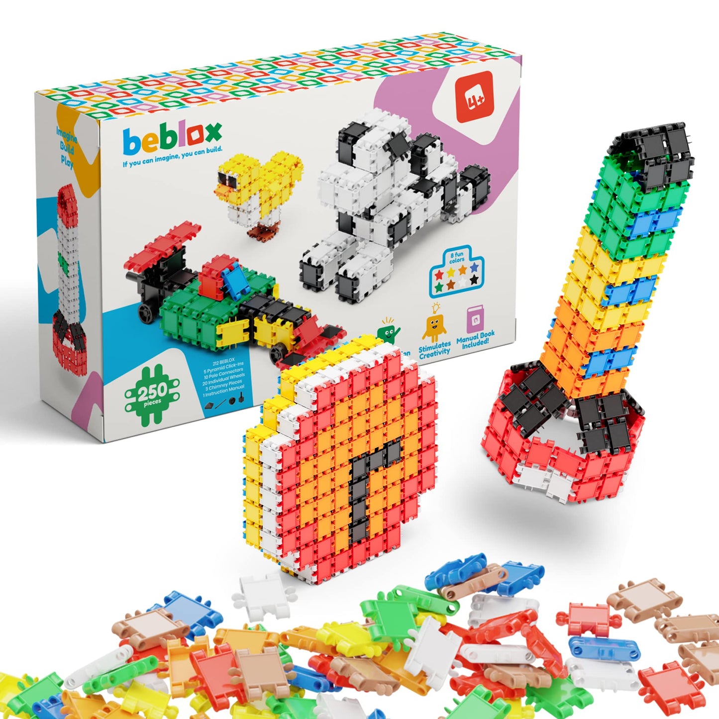 Beblox Building Blocks for Kids - 250-Piece Connecting Tiles Set - Interlocking Building Blocks for Kids, STEM Toys Kit, Fun & Educational Gifts