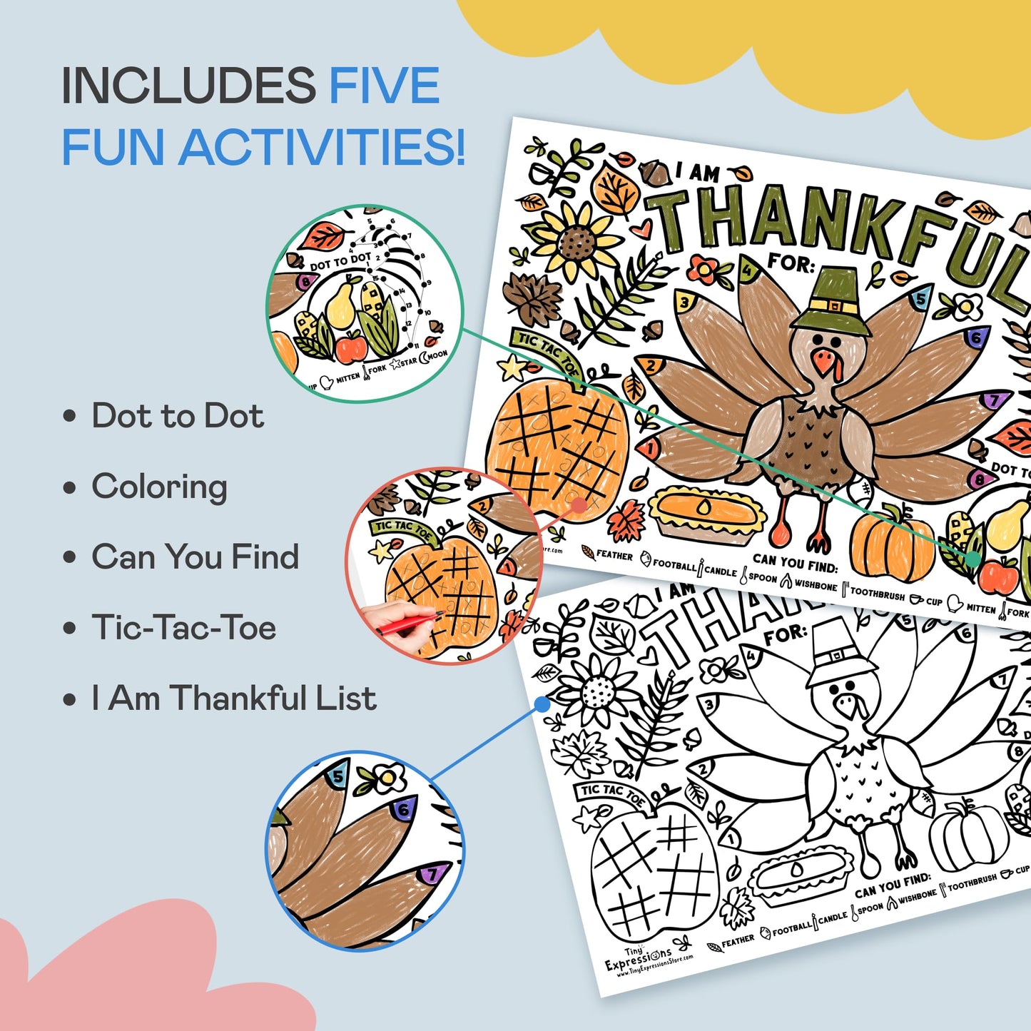 Tiny Expressions - Thanksgiving Coloring Placemats - Set of 12 Paper Placemats to Color, Turkey 'I Am Thankful for' Theme - Fall Thanksgiving Activity