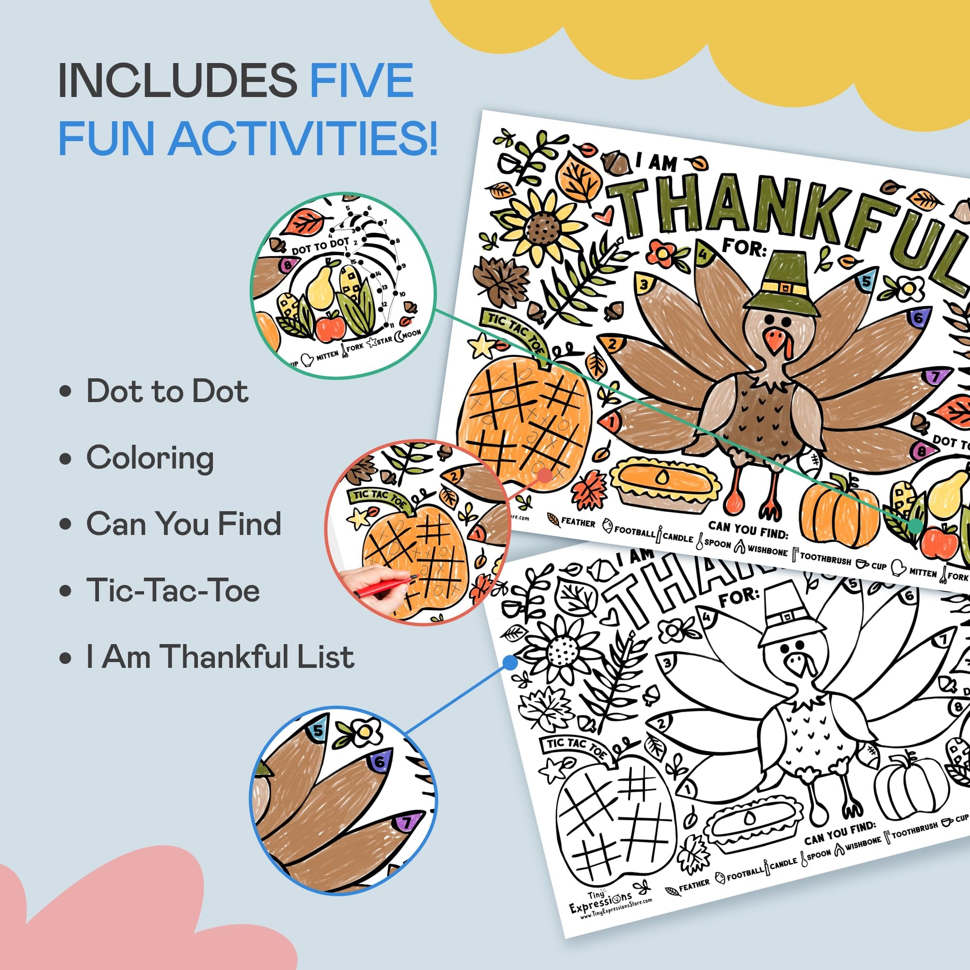 Tiny Expressions - Thanksgiving Coloring Placemats - Set of 12 Paper Placemats to Color, Turkey 'I Am Thankful for' Theme - Fall Thanksgiving Activity