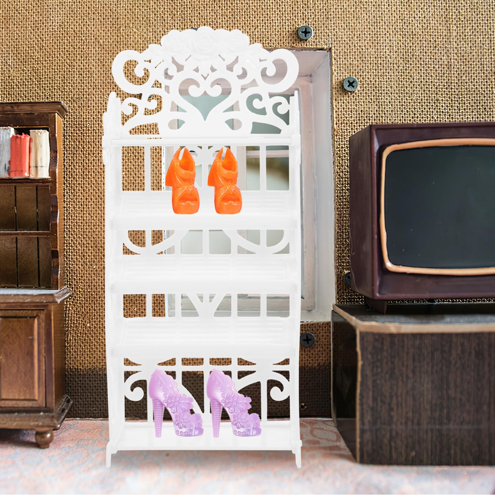 NUOBESTY Doll Shoes Rack Miniature Dollhouse Furniture for Girl Dolls Organizers Storage Accessories Playset