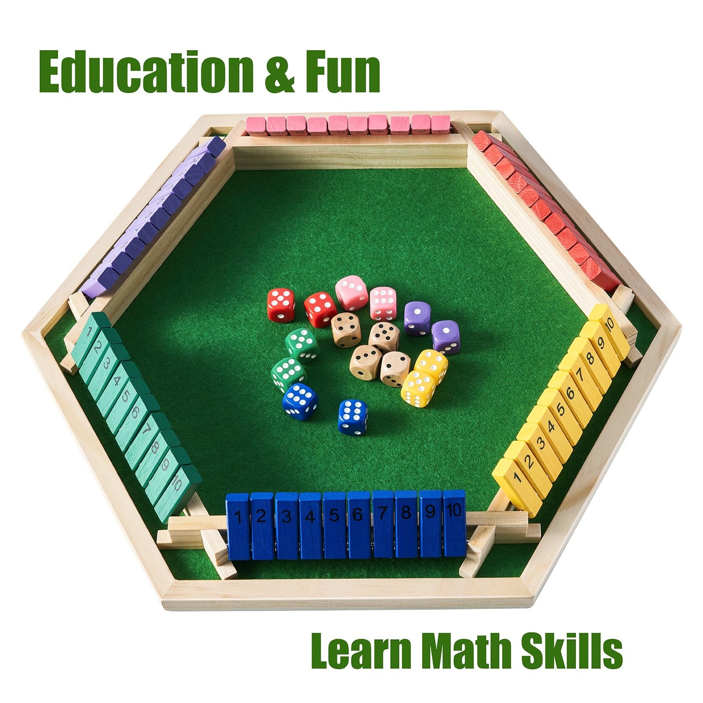 Vamslove Shut The Box Game for 6 Player with 12+4 Dice - Colorful 6 Sided Wooden Board Math Number Games for Kids Adults Families Party Club