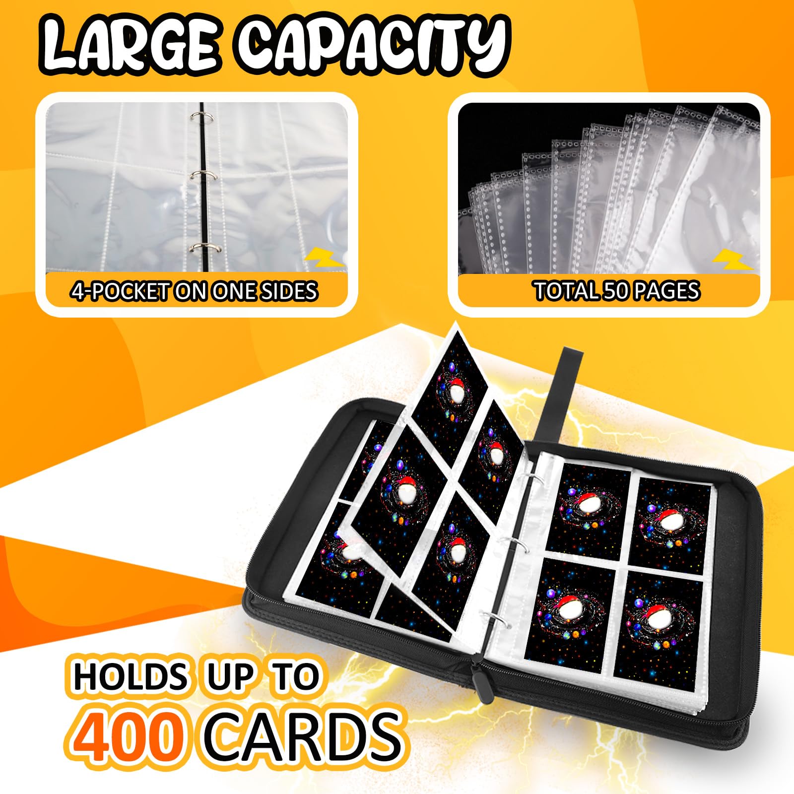 400 Pocket Trading Card Binder with 50 Removable Sleeves, Portable Zippered Card Holder, Collection Album Book Case Storage for MTG, TCG, Sports, Game