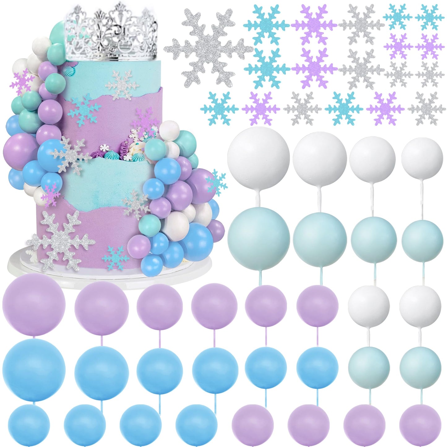51 PCS Snowflake Cake Toppers 32 PCS Ball Cake Picks and 19 PCS Snowflake Cake Toppers for Winter Themed Wedding Christmas or Birthday Party
