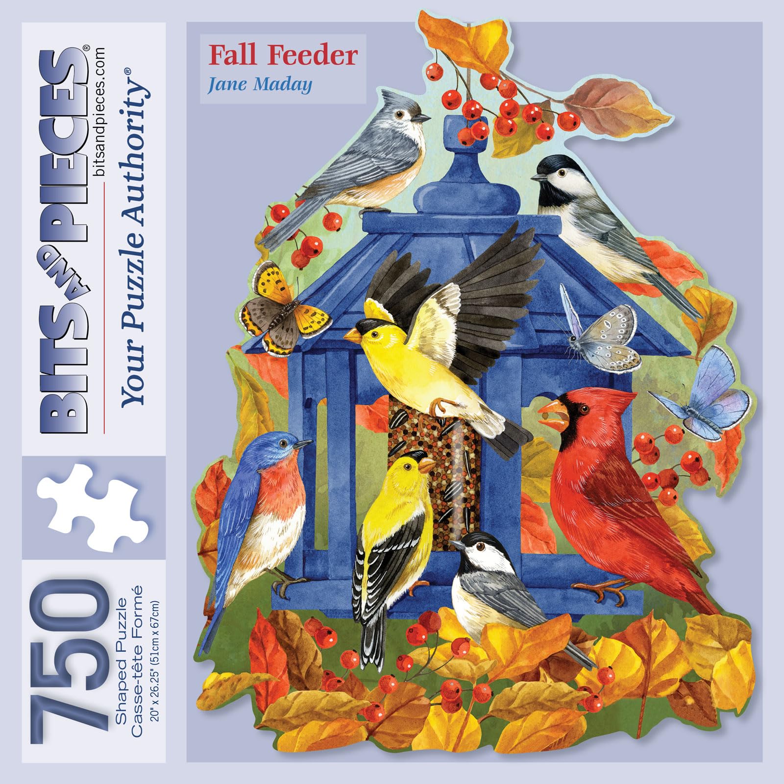 Bits and Pieces Jigsaw Puzzle for Adults - Fall Feeder by Jane Maday - Autumn Birds, Goldfinches, Chickadees, Cardinals, Butterflies, Shaped Puzzle