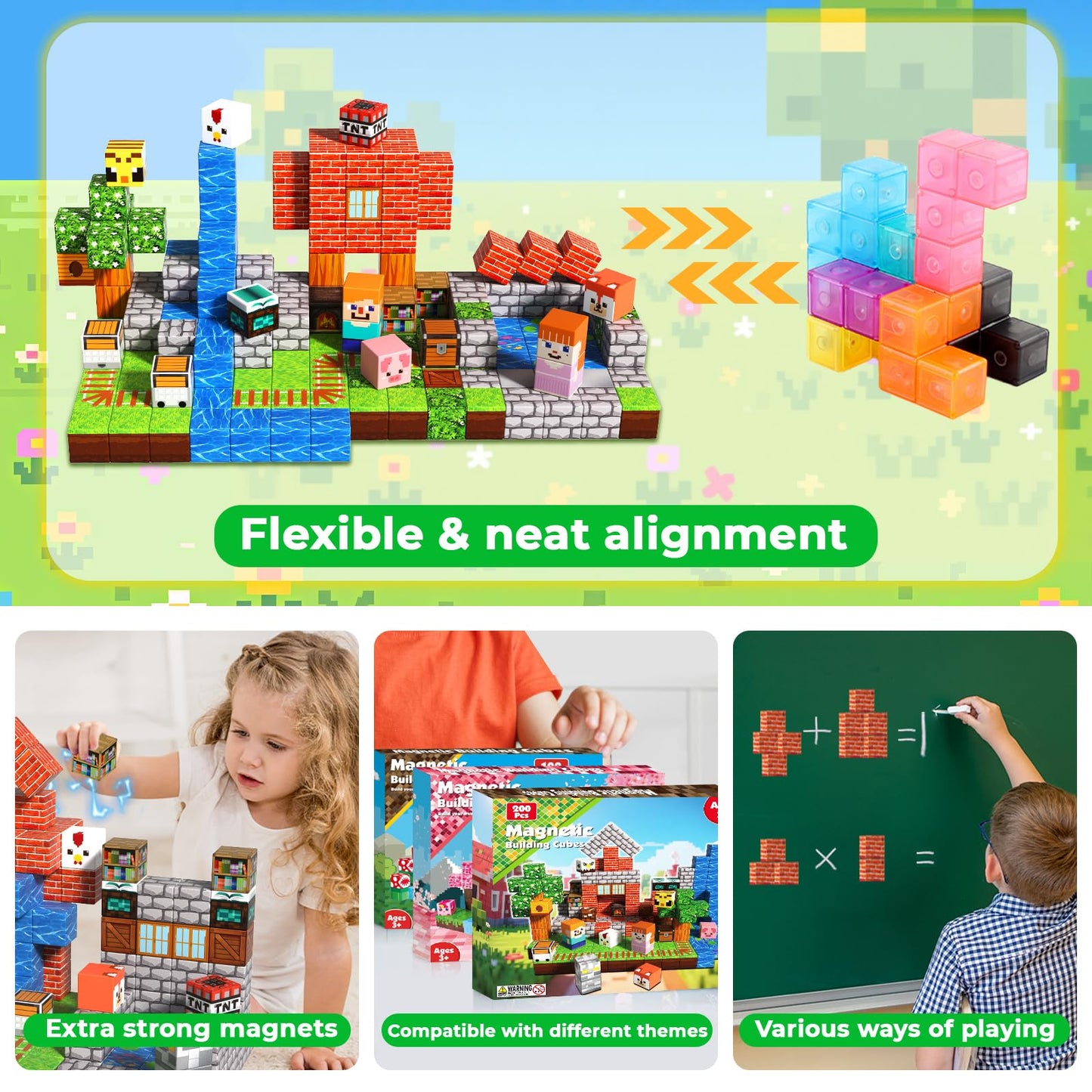 Goody King 200 PCS Magnetic Blocks - Forest Magnetic Building Blocks, Stacking Magnets for Kids, Strong Magnets, Sensory Toy for STEM Learning Toys