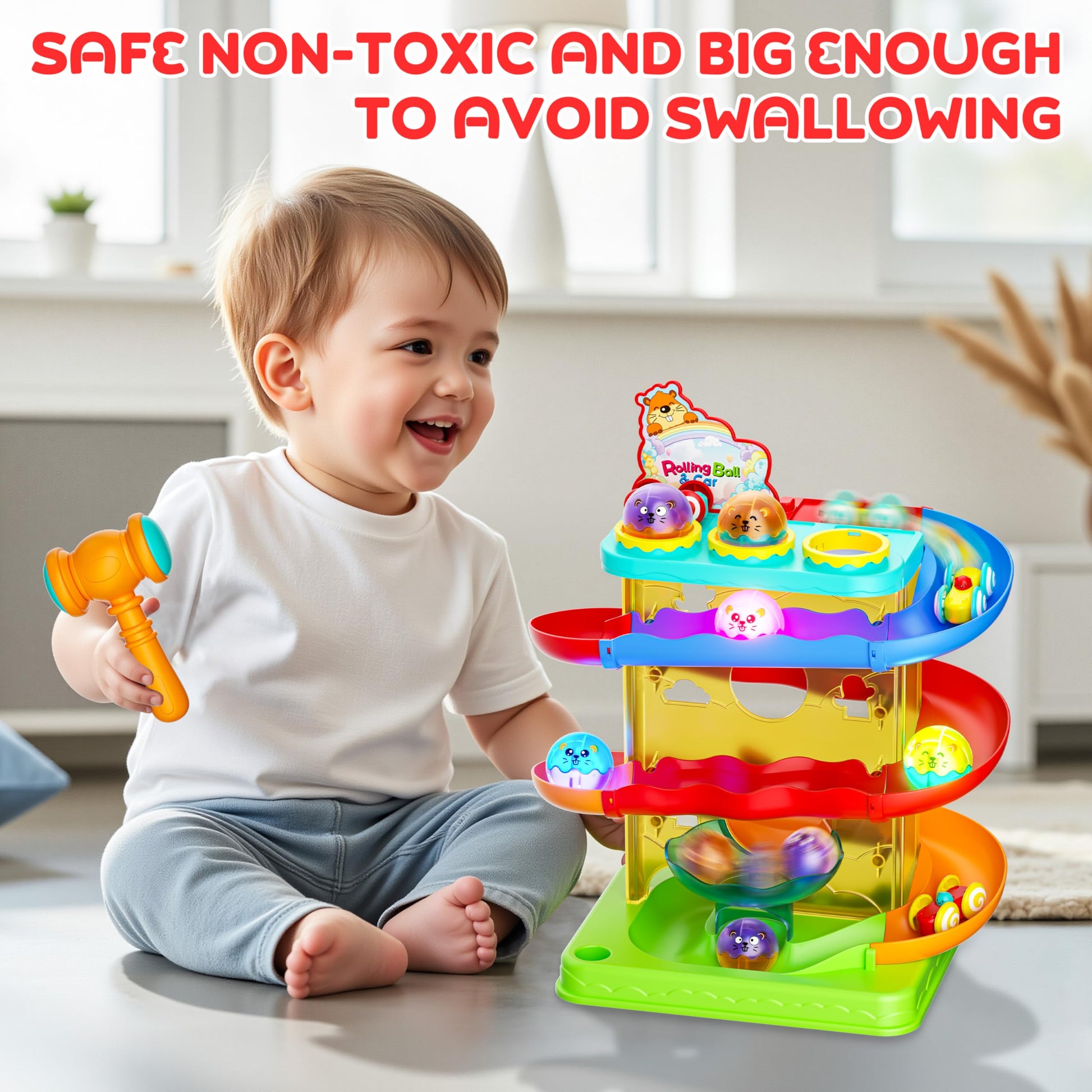 2-in-1 Rolling Ball & Car Ramp Race Track for Toddlers, Hammer Ball Drop Toy for Boys & Girls, Interactive Playset w/Sensor Lights - Montessori STEM