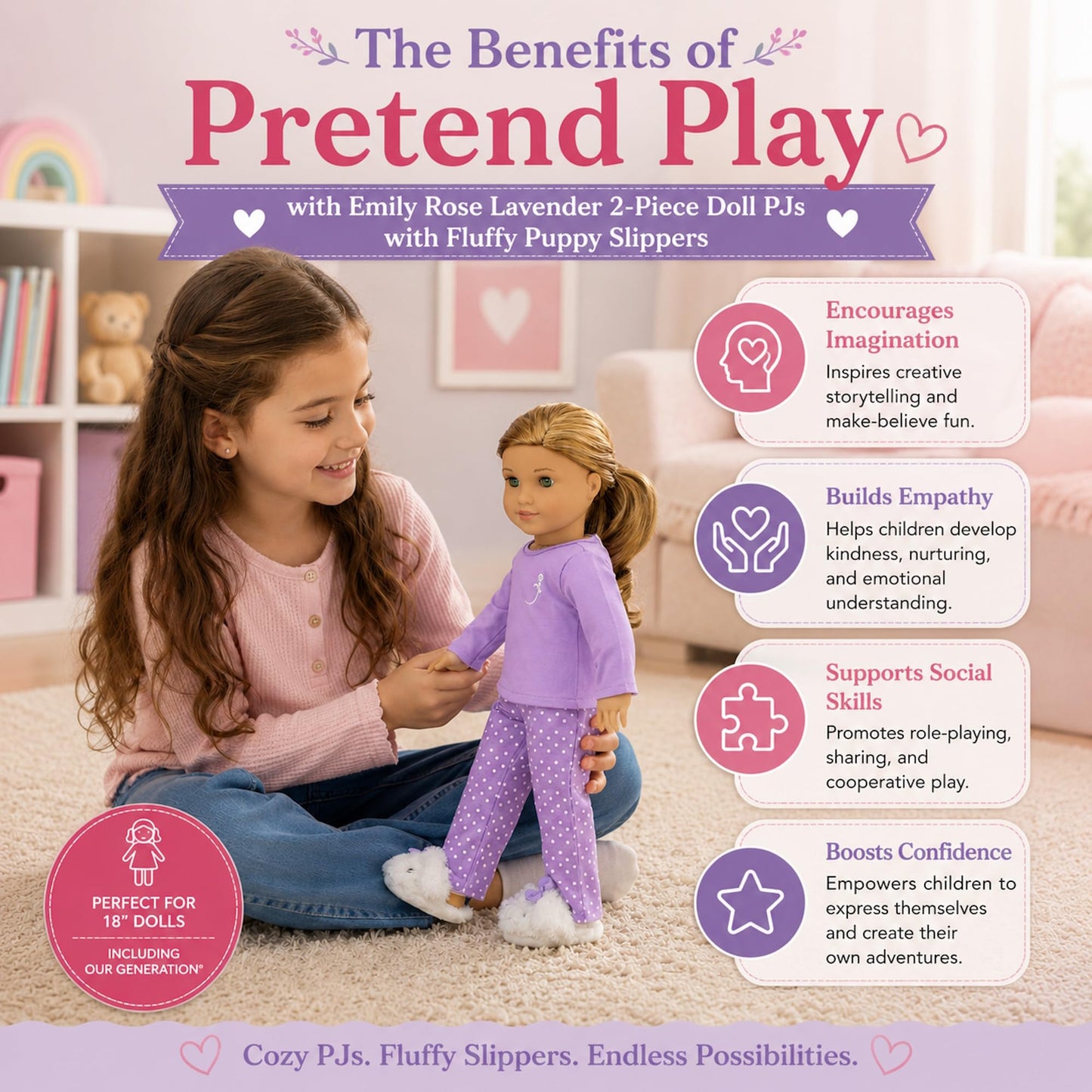 18 Inch Doll Pajamas with Slippers - Purple Polka Dot PJ Set Compatible with American Girl Dolls, 3 Piece Emily Rose Doll Clothes Sleep Outfit for 18"