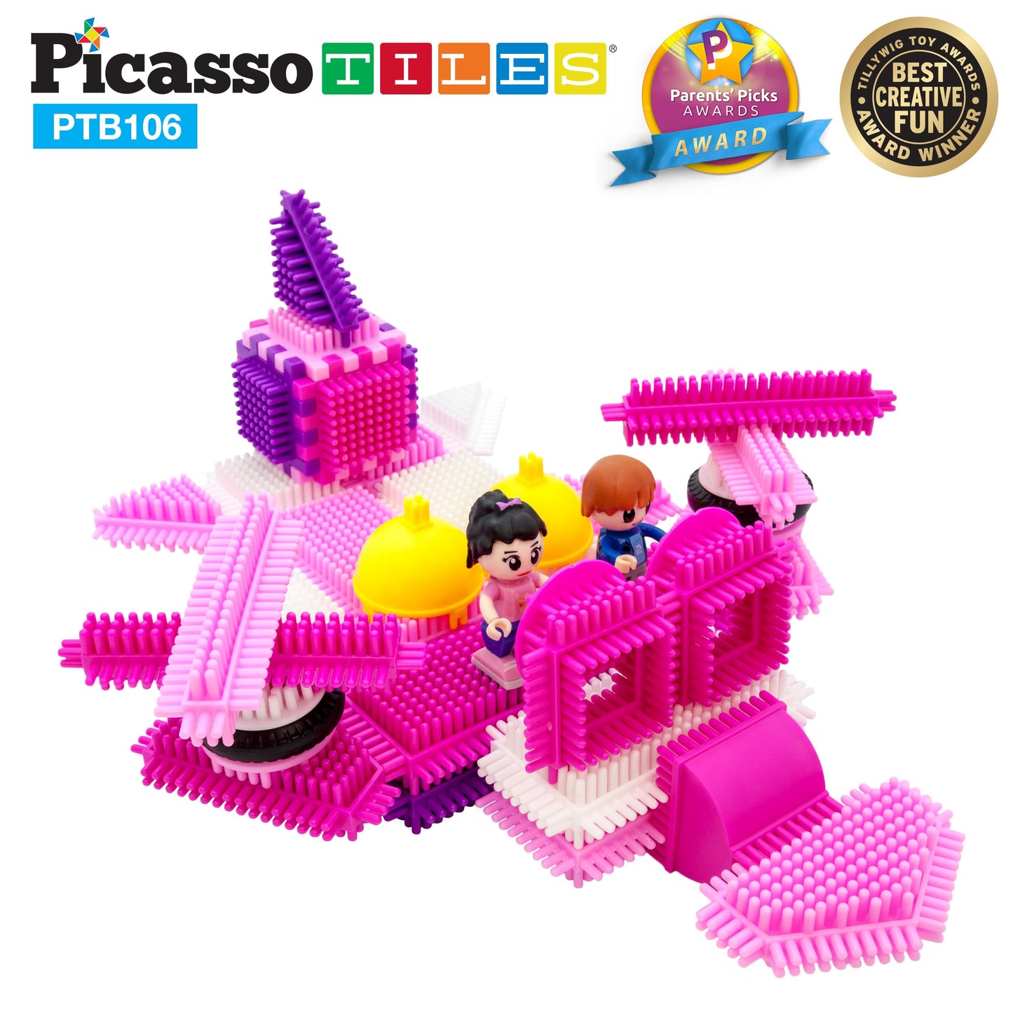 PicassoTiles PTB106 106pcs Hedgehog Lock Building Blocks Tiles Pink Castle Theme Set w/Human Figures Learning Playset STEM Toy Set Educational Kit