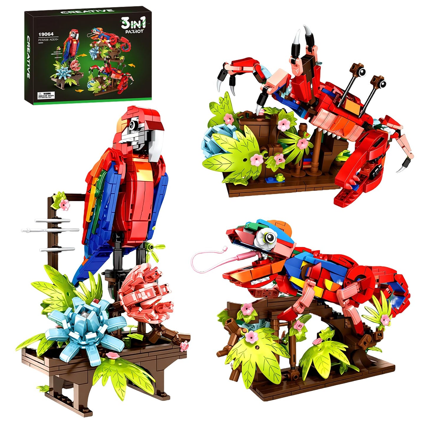 APENGBAOL 3-in-1 Parrot Building Sets 538 PCS Chameleon & Crab Animal Model with Flowers Creative Bird Construction Kit for Adults Nature Display Gift