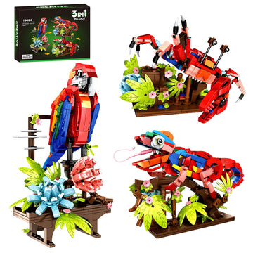 APENGBAOL 3-in-1 Parrot Building Sets 538 PCS Chameleon & Crab Animal Model with Flowers Creative Bird Construction Kit for Adults Nature Display Gift