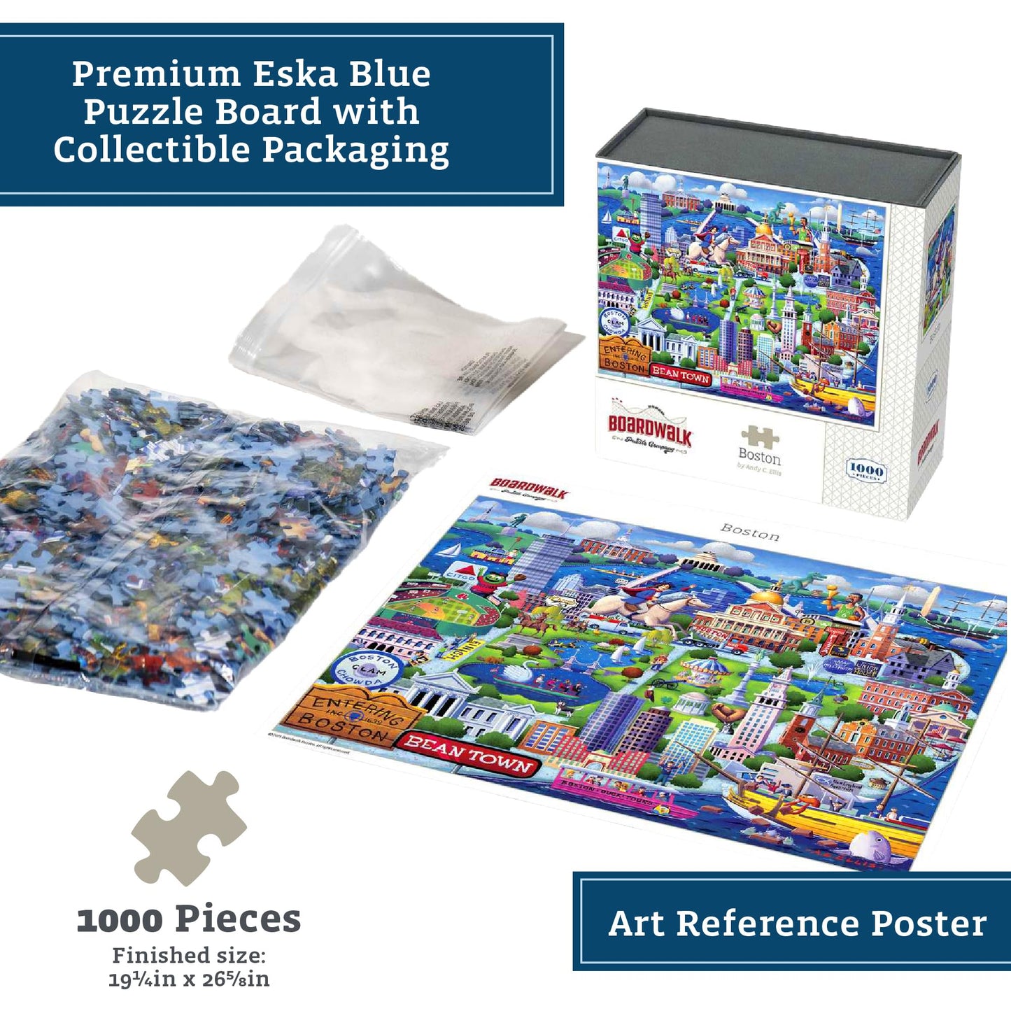 Boardwalk Boston 1000 Piece Jigsaw Puzzle Colorful Travel Massachusetts Puzzles with Premium Box, Gift for Adults and Family 19"x26"