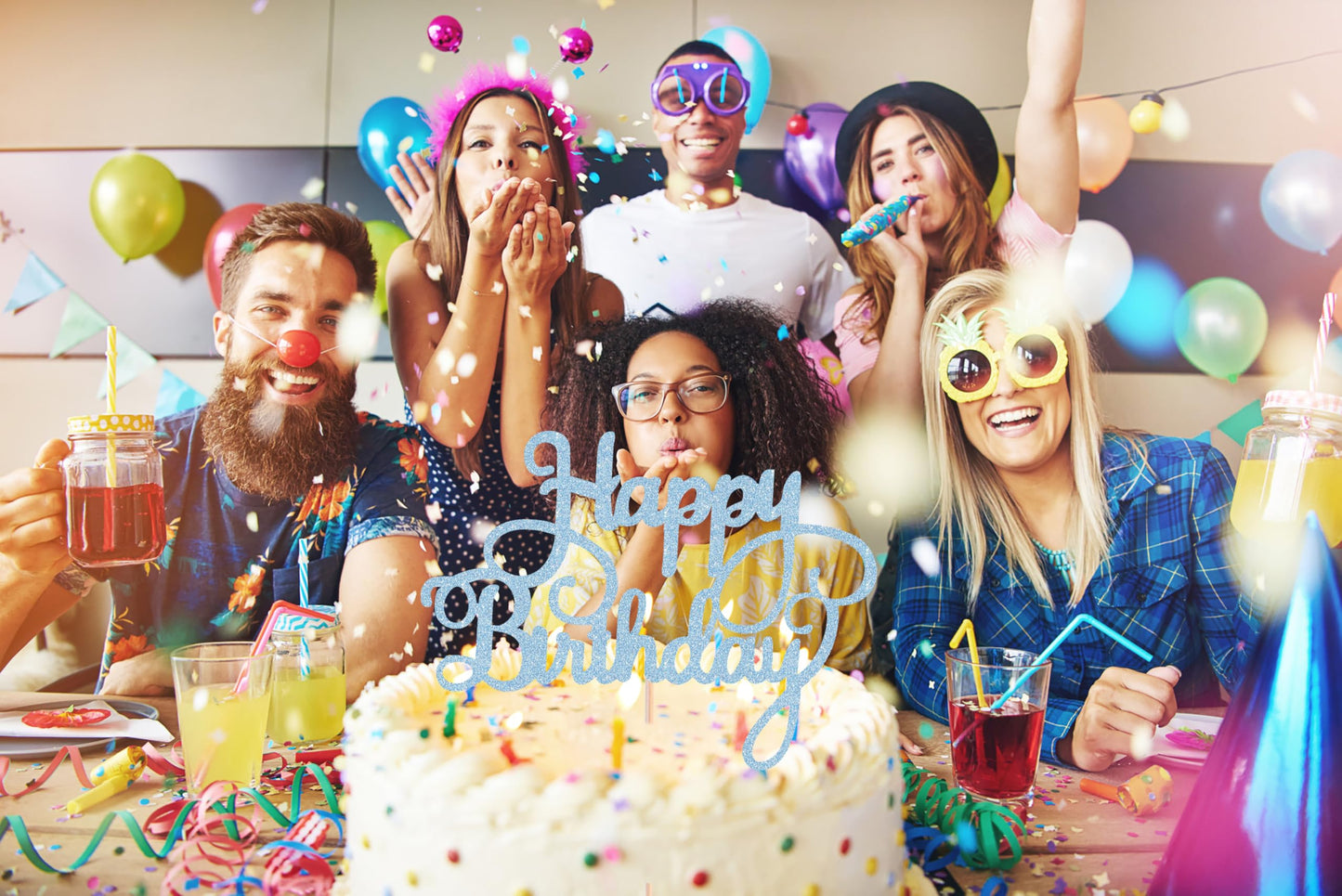 AHAORAY Happy Birthday Cake Topper - Light Blue Glitter Happy Birthday Cake Bunting Decor - Birthday Party Cake Decoration Supplies, for Photo Booth