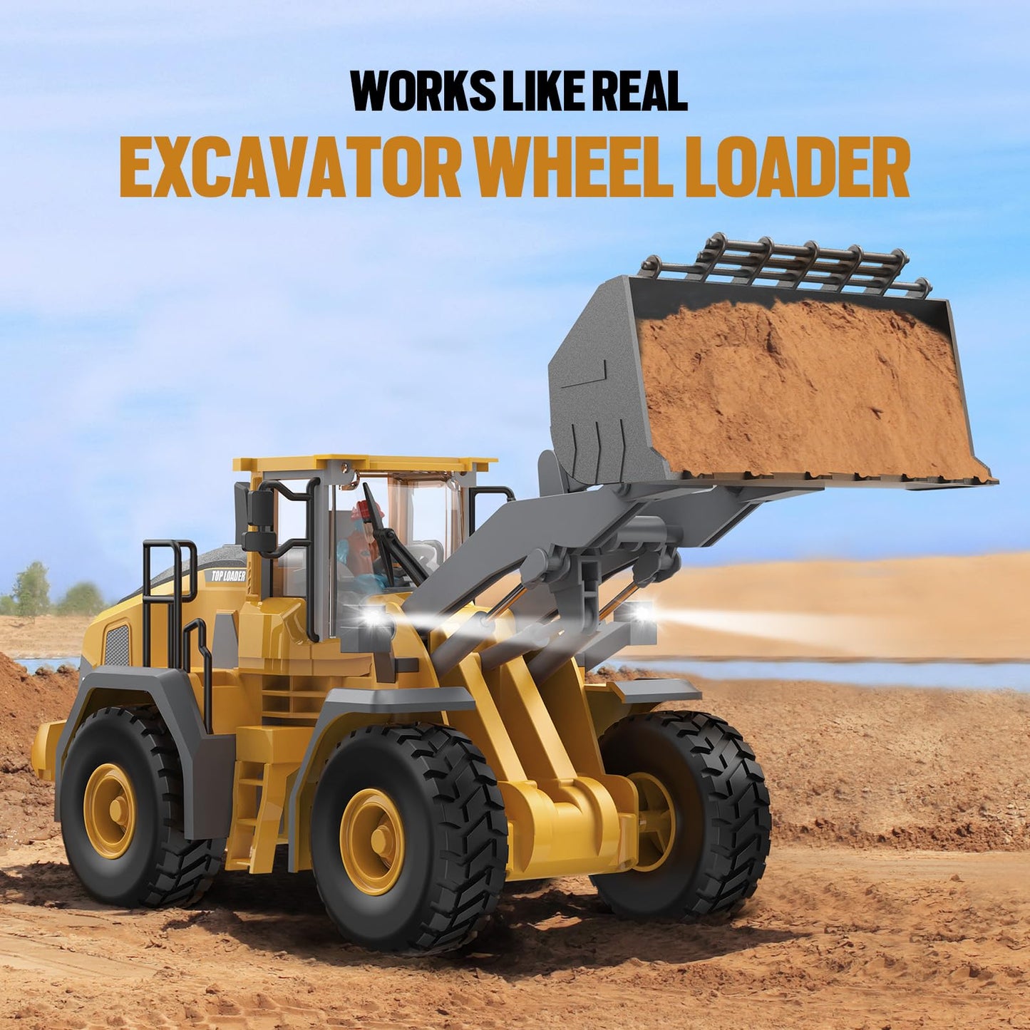 KIDMARKT Metal RC Wheel Loader Toy - Realistic Working Lights and Sounds, 1:20 Scale, 9-Channel Remote Control Construction Play Tractor Toys for Kids