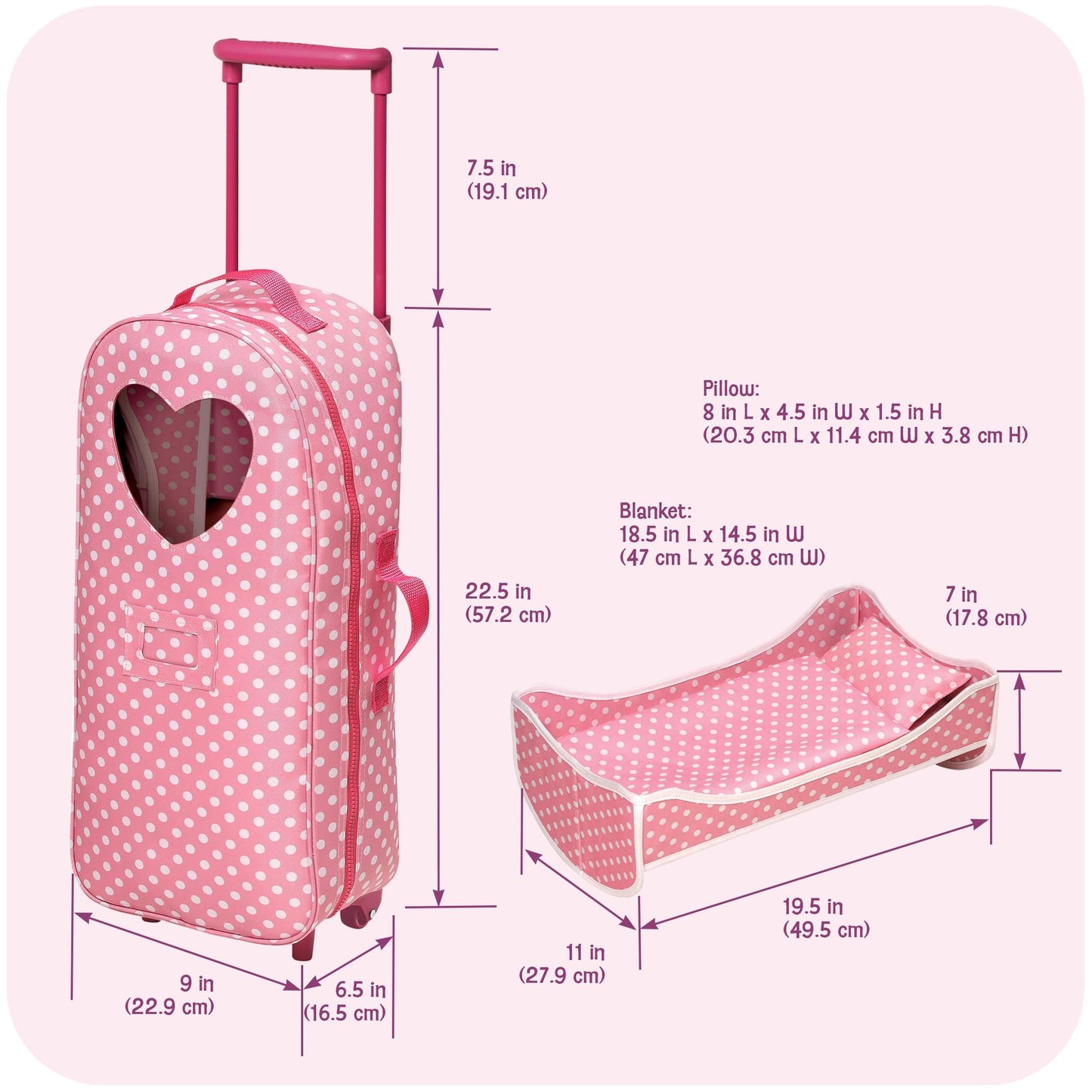 Badger Basket 3-in-1 Trolley Doll Carrier with Rocking Bed and Bedding - Adorable Pink Polka Dot Design for 18-Inch Dolls