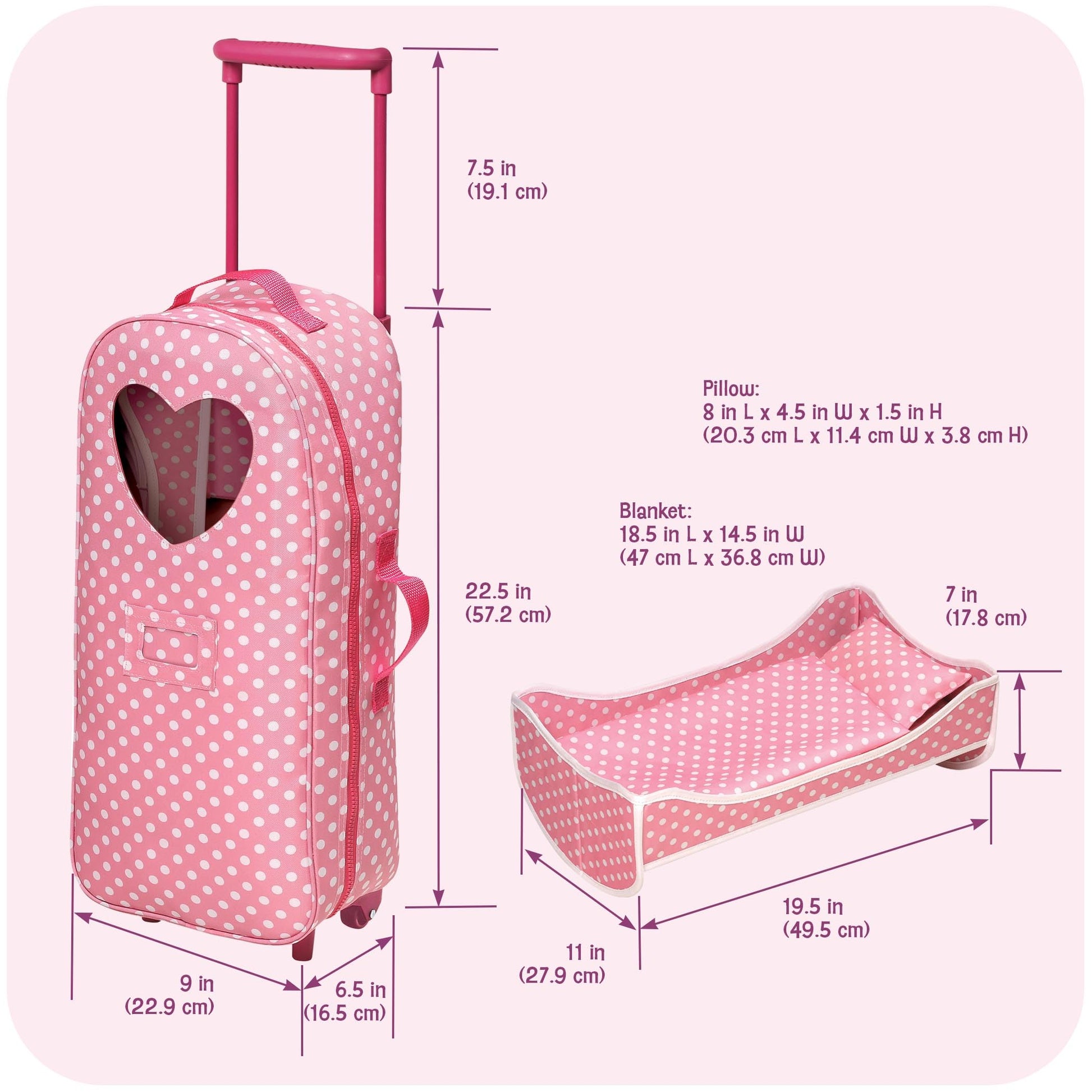Badger Basket 3-in-1 Trolley Doll Carrier with Rocking Bed and Bedding - Adorable Pink Polka Dot Design for 18-Inch Dolls
