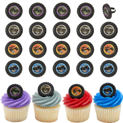 Monster Jam Rings, 24 Monster Truck Cupcake Toppers, Bright Colorful Truck Tire Cupcake Decorations, Food Safe - 24 Pack