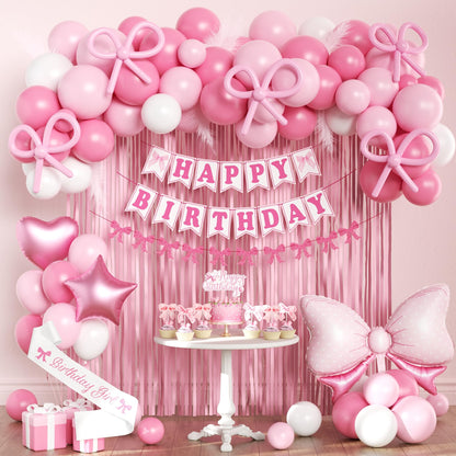 Pink Bow Birthday Decorations for Girls Women, Coquette Birthday Decorations, Fringe Curtain, Foil Balloons, Cake Toppers, Bows Theme Party Decor Girl
