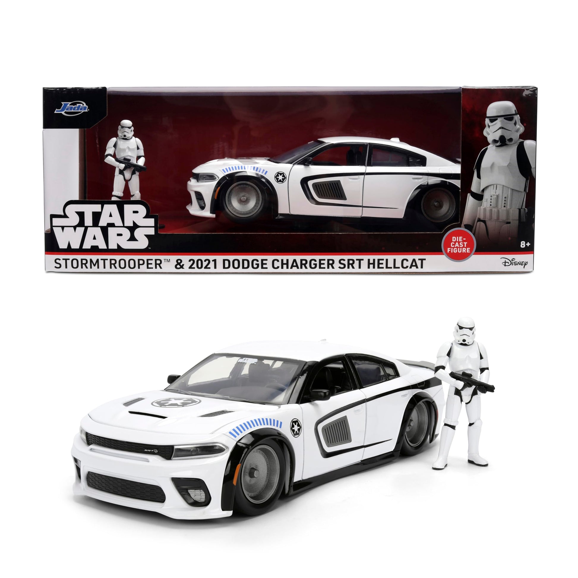 Jada Star Wars Stormtrooper with 2021 Dodge Charger SRT Hellcat Die-Cast Vehicle 1:24 Scale - Opening Parts Toys