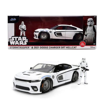 Jada Star Wars Stormtrooper with 2021 Dodge Charger SRT Hellcat Die-Cast Vehicle 1:24 Scale - Opening Parts Toys