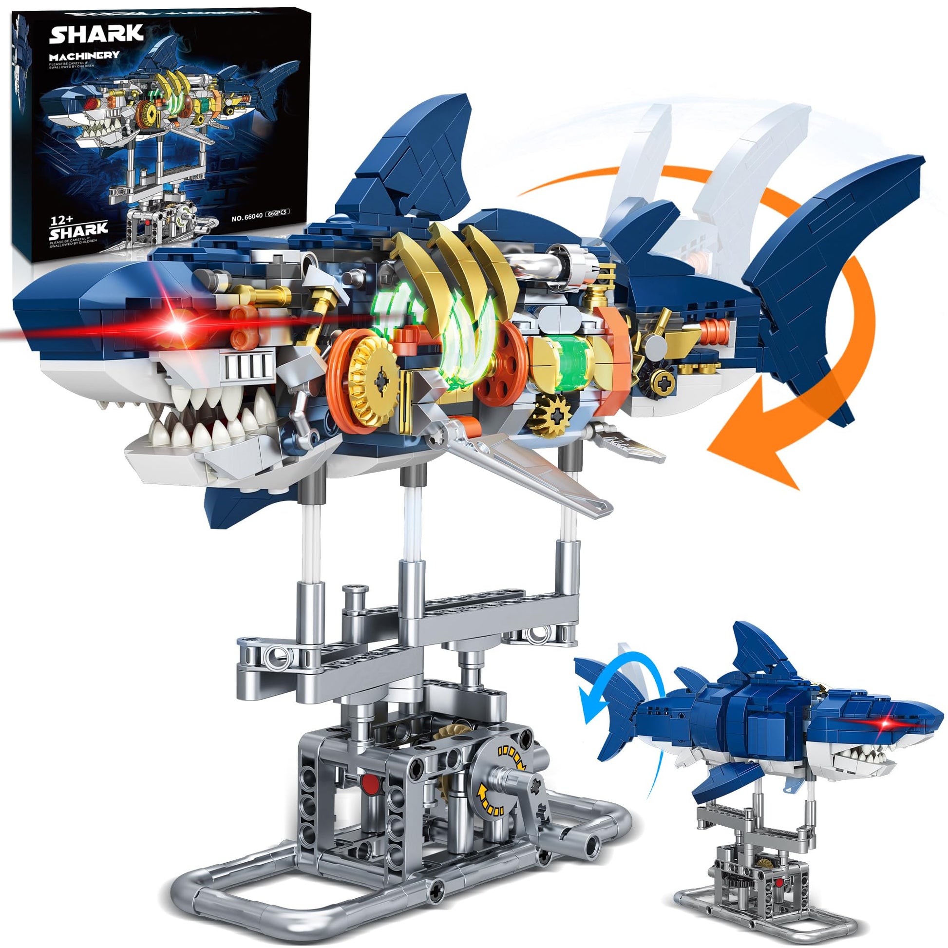 Jorumo Shark Building Block Set for Boy 8-12, Ideas Sea Animal Building Blocks Toys with Lighting and Rotatable Link Components, STEM Toys for Kids