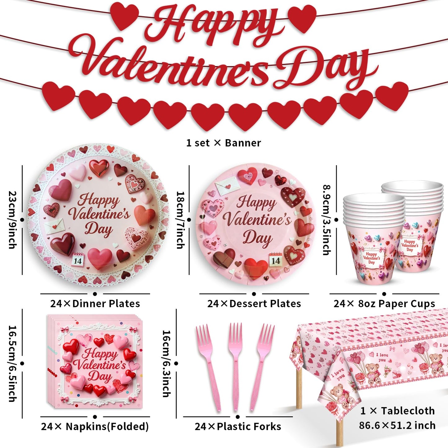 122 PCS Valentine‘s Day Party Supplies, Disposable Tableware Set Include Valentines Plates and Napkins, Cups, Forks, Banner and Tablecloth