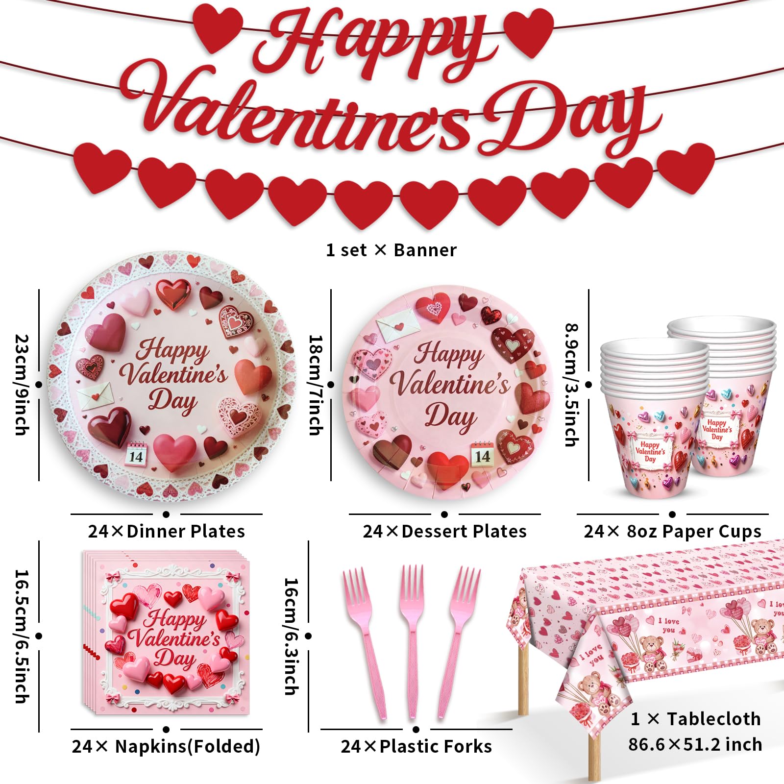 122 PCS Valentine‘s Day Party Supplies, Disposable Tableware Set Include Valentines Plates and Napkins, Cups, Forks, Banner and Tablecloth