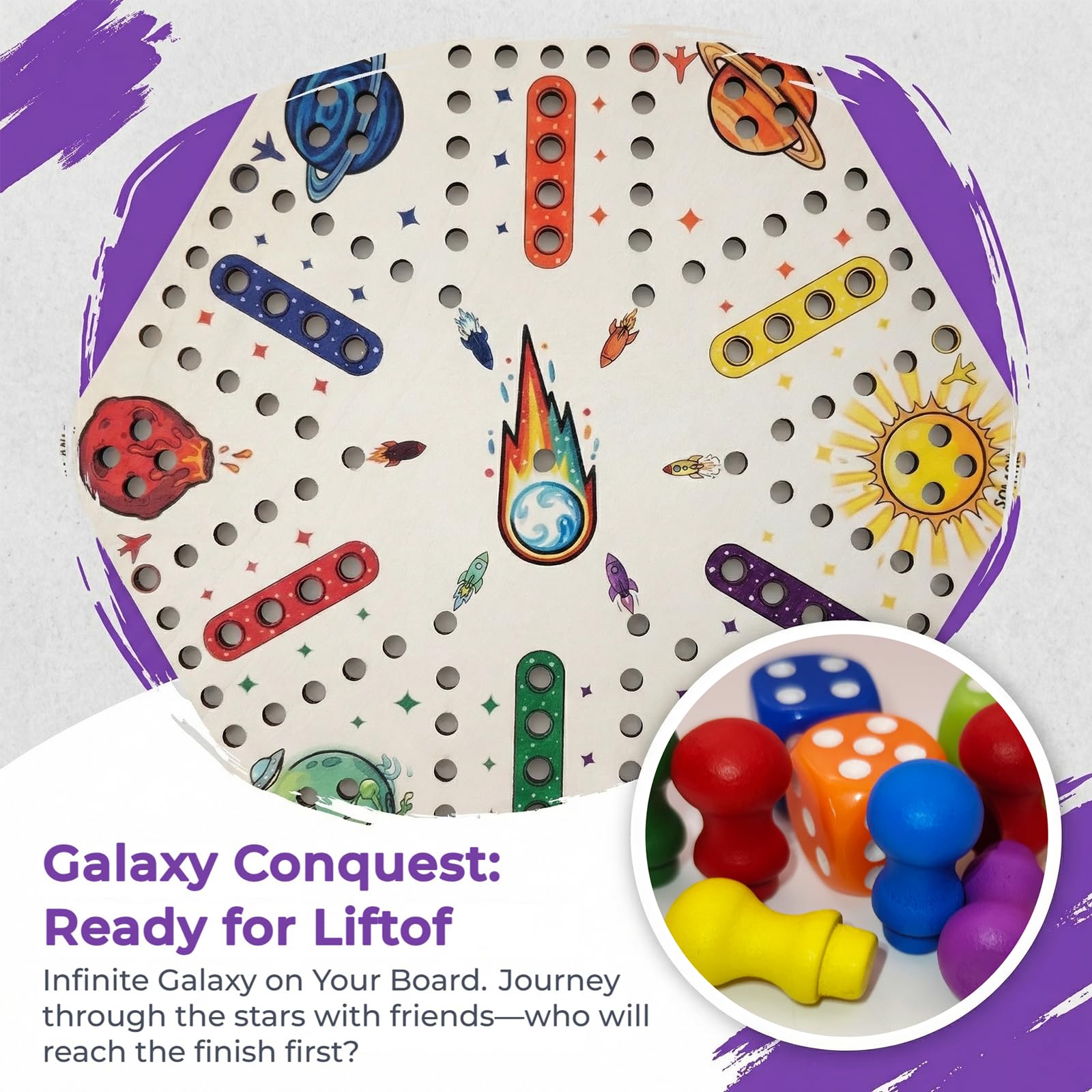 Kivan Base Wooden Board Game?Original Wooden Game 15 Inch Single-Sided Aggravation Game for 6 Players, 36 Colorful Pawns & 6 Dice, Fast Track Game