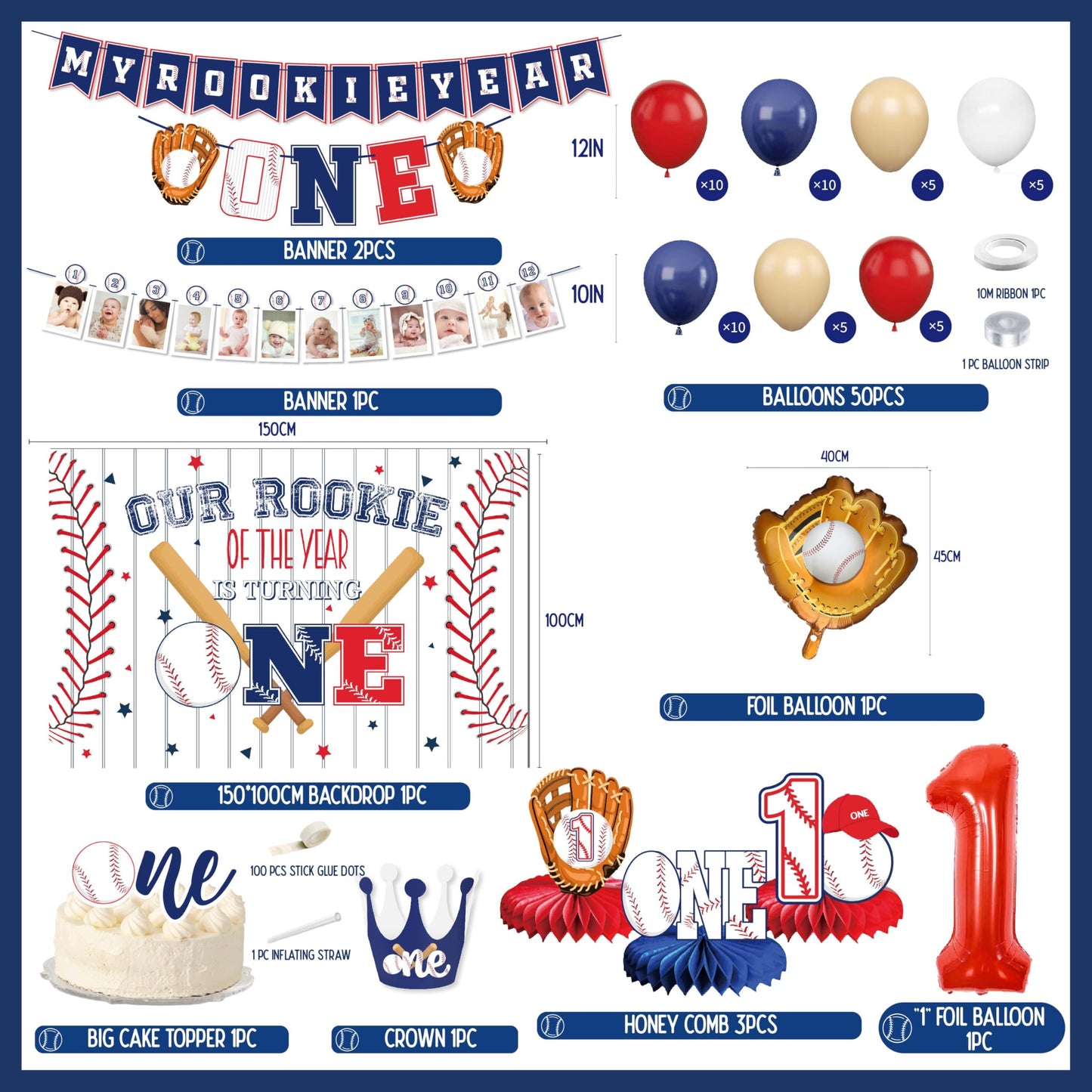 Baseball 1st birthday party decorations boy, our rookie Backdrop,Baseball Balloon Arch,my rookie year banner,first birthday decorations for boy